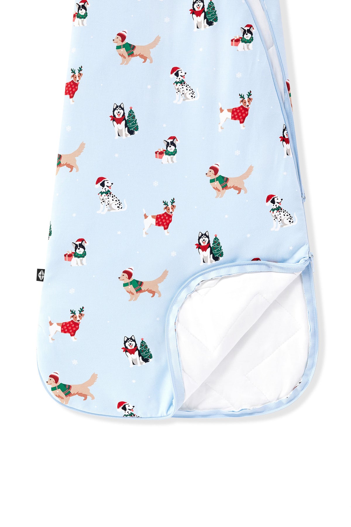 Blue Sleep Bag with Holiday Pups 1.0 print with dual zipper on a white background