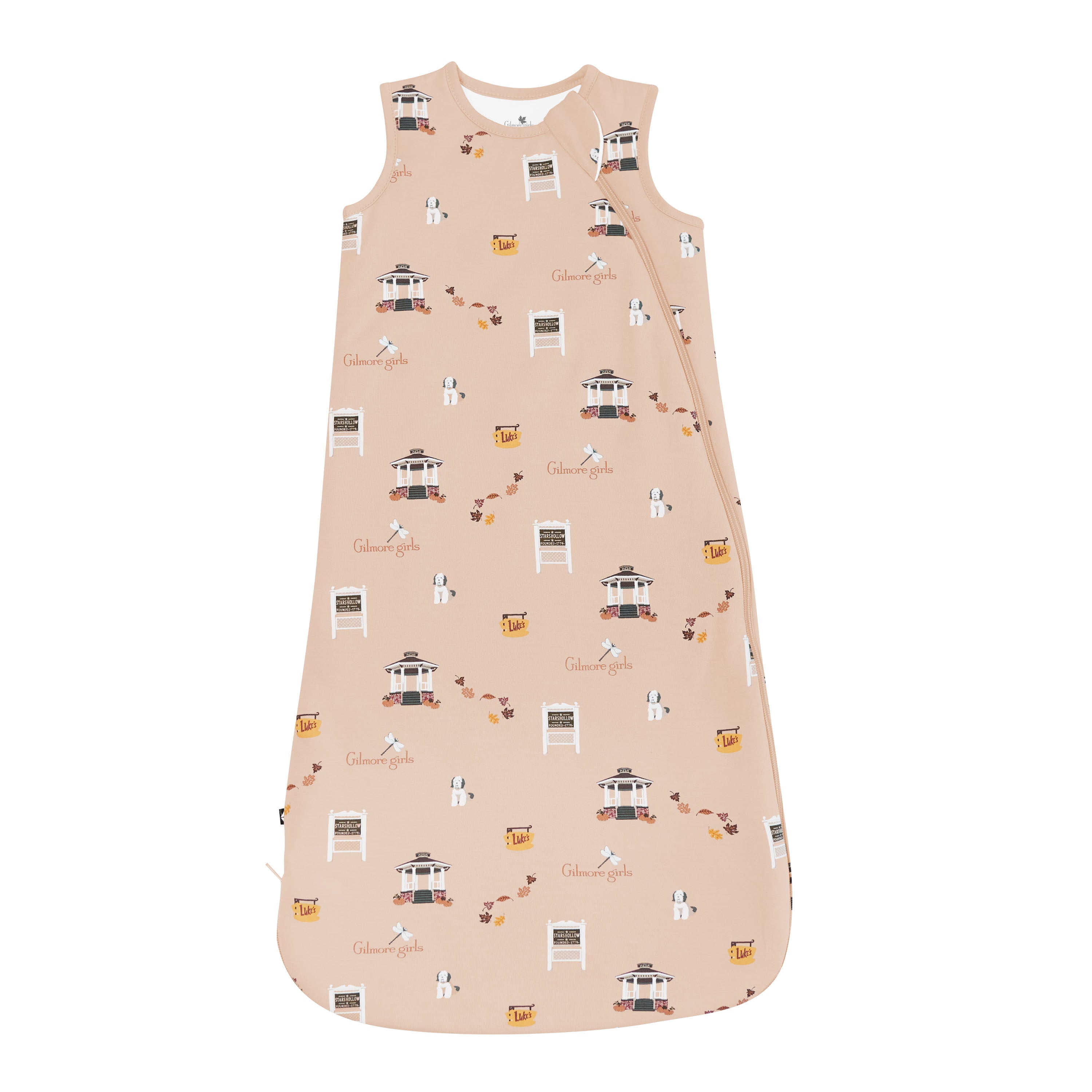 Baby sleeping bag with Gilmore Girls pattern on a white background