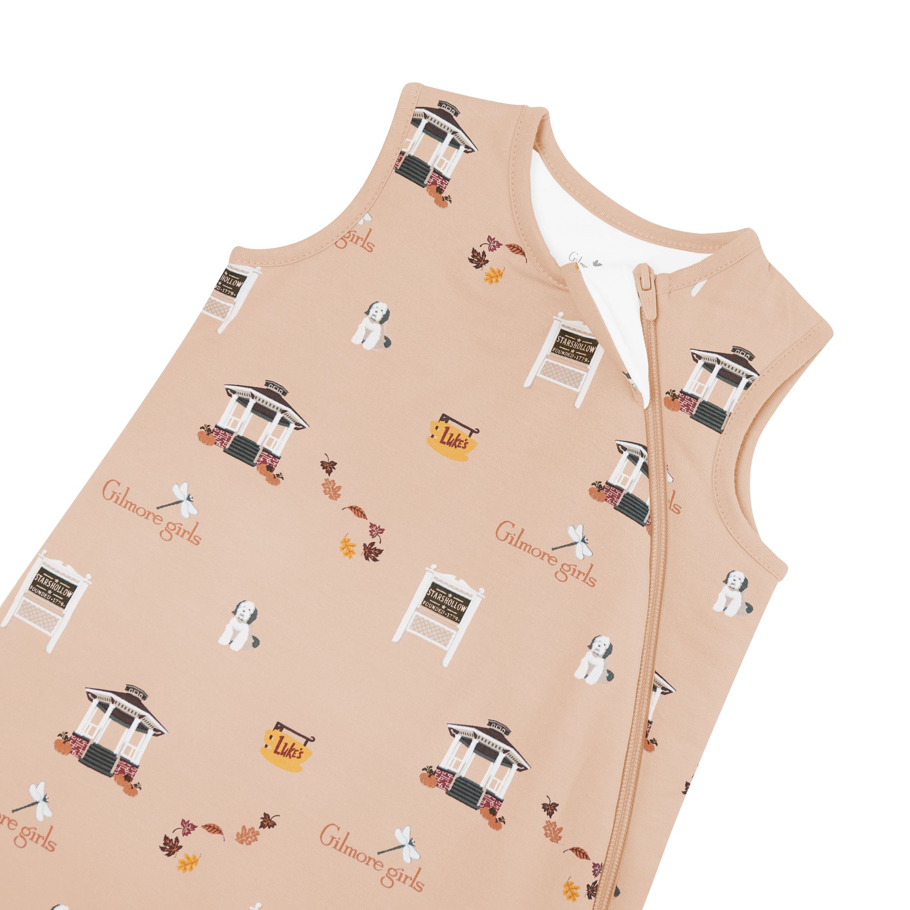 Beige baby sleep bag with Gilmore Girls pattern on a white background