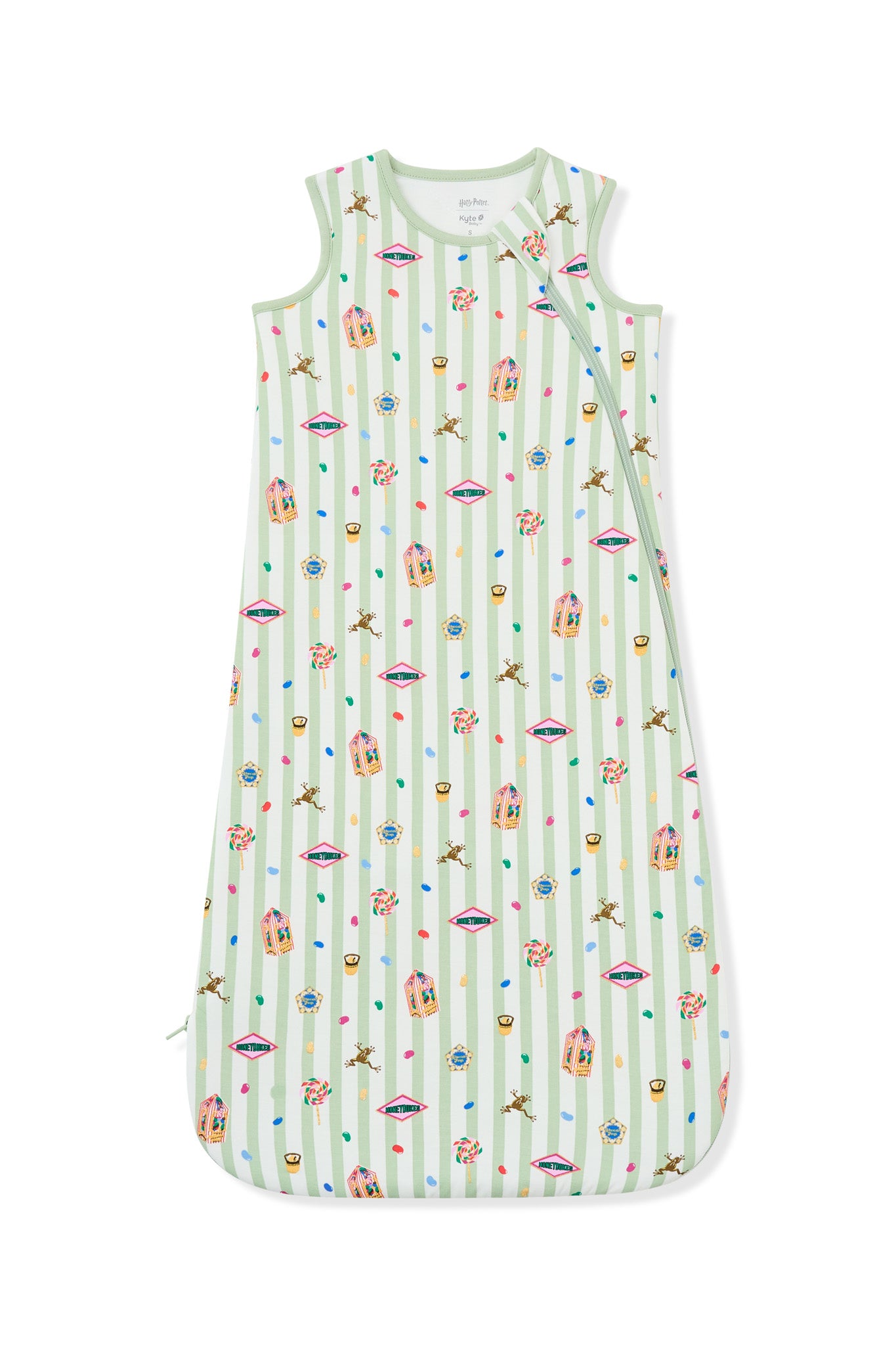 Green and white striped sleep bag with colorful Harry Potter patterns on a white background