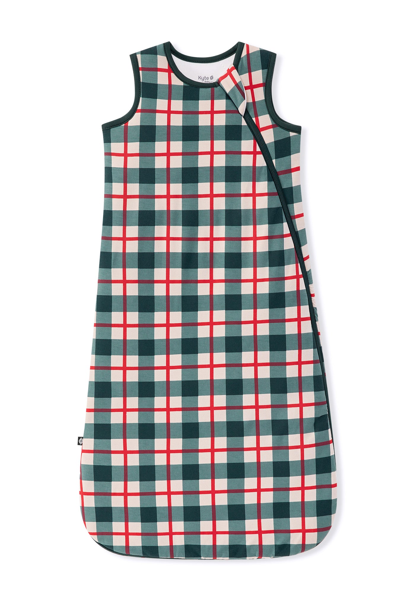 A sleeveless baby sleep sack with a green, red, and white plaid pattern, featuring a dark green zipper closure along the side.