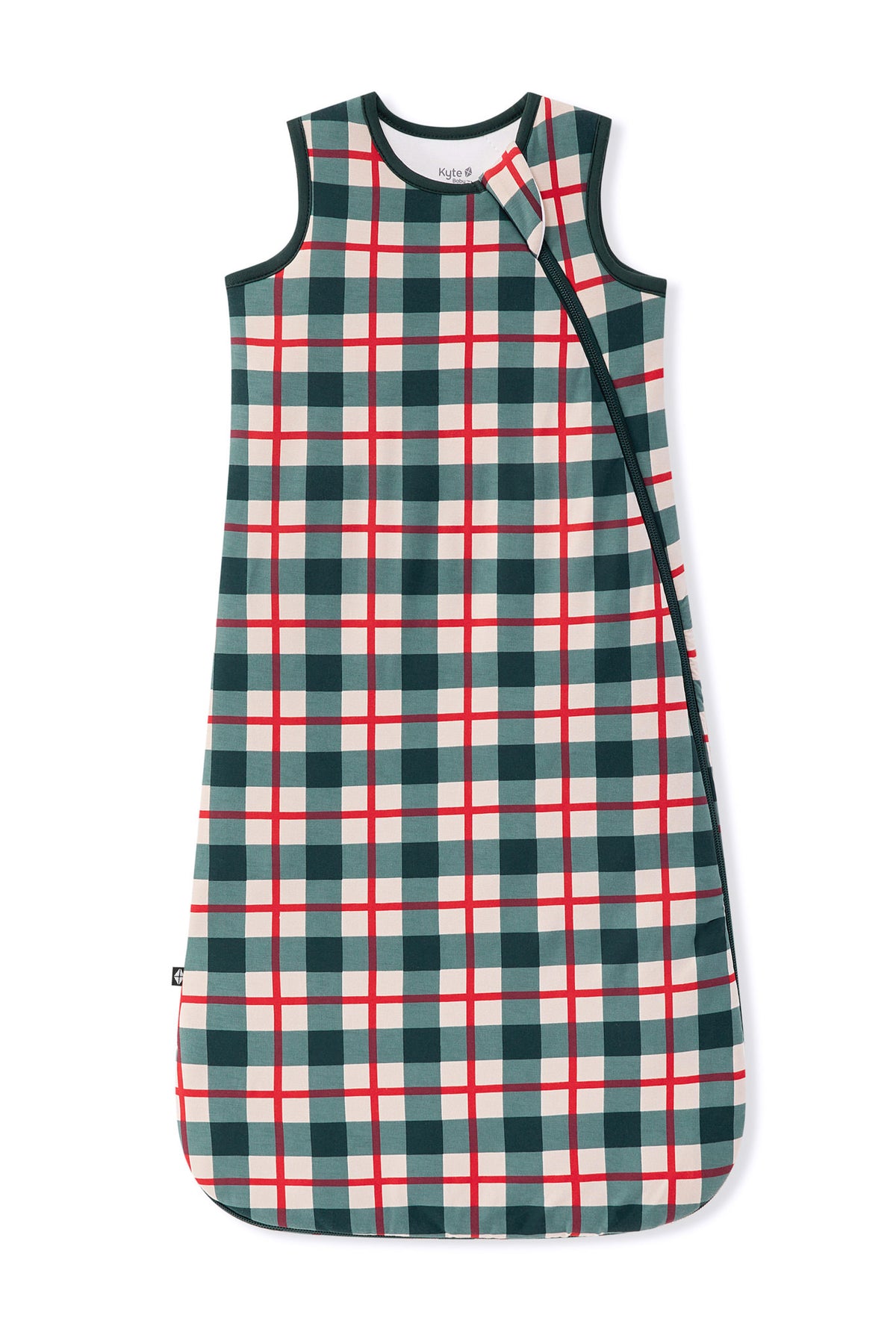 A sleeveless baby sleep sack with a green, red, and white plaid pattern, featuring a dark green zipper closure along the side.