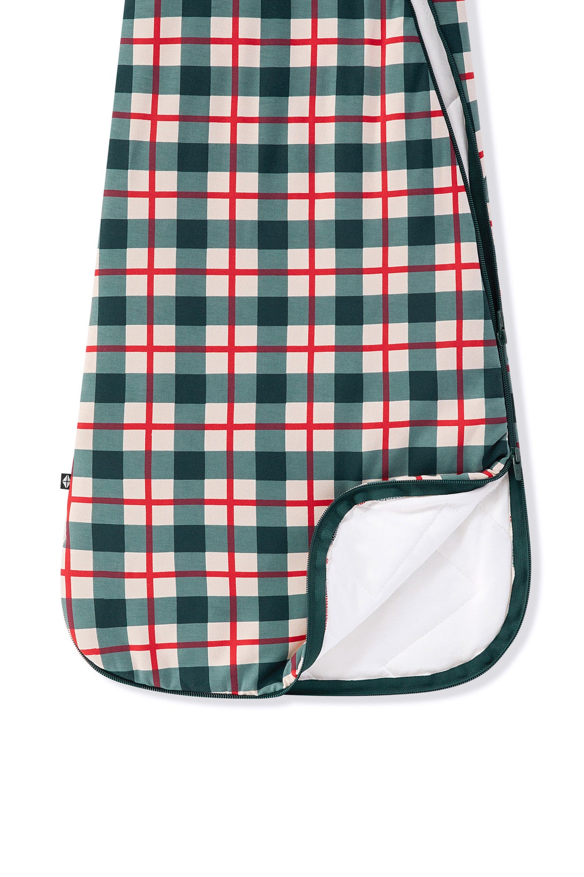A close-up of a plaid sleep sack with a green, white, and red pattern, featuring a white lining visible in the bottom right corner.