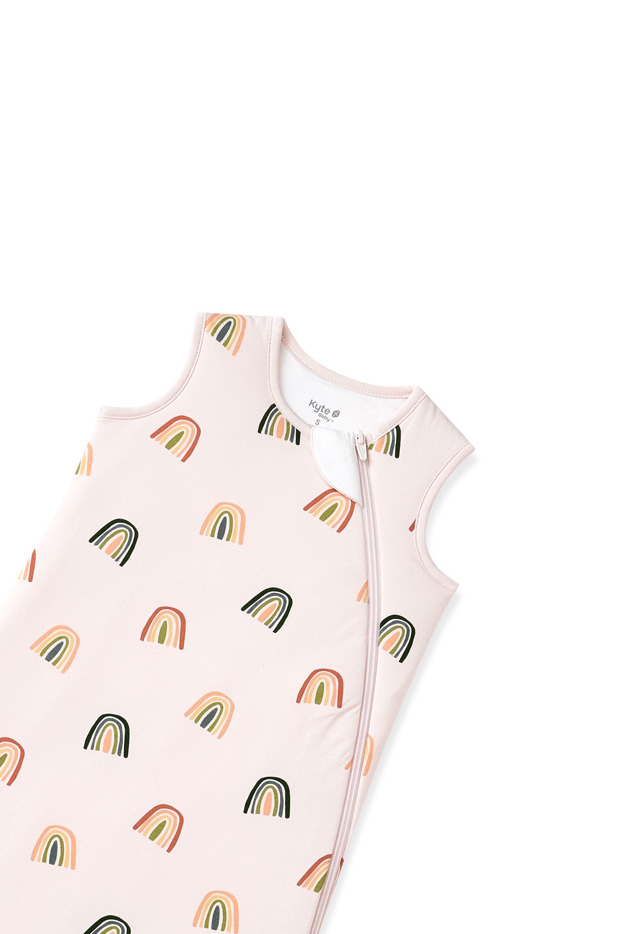 Vanilla cream Sleep Bag in Retro Rainbow print with zipper garage on a white background