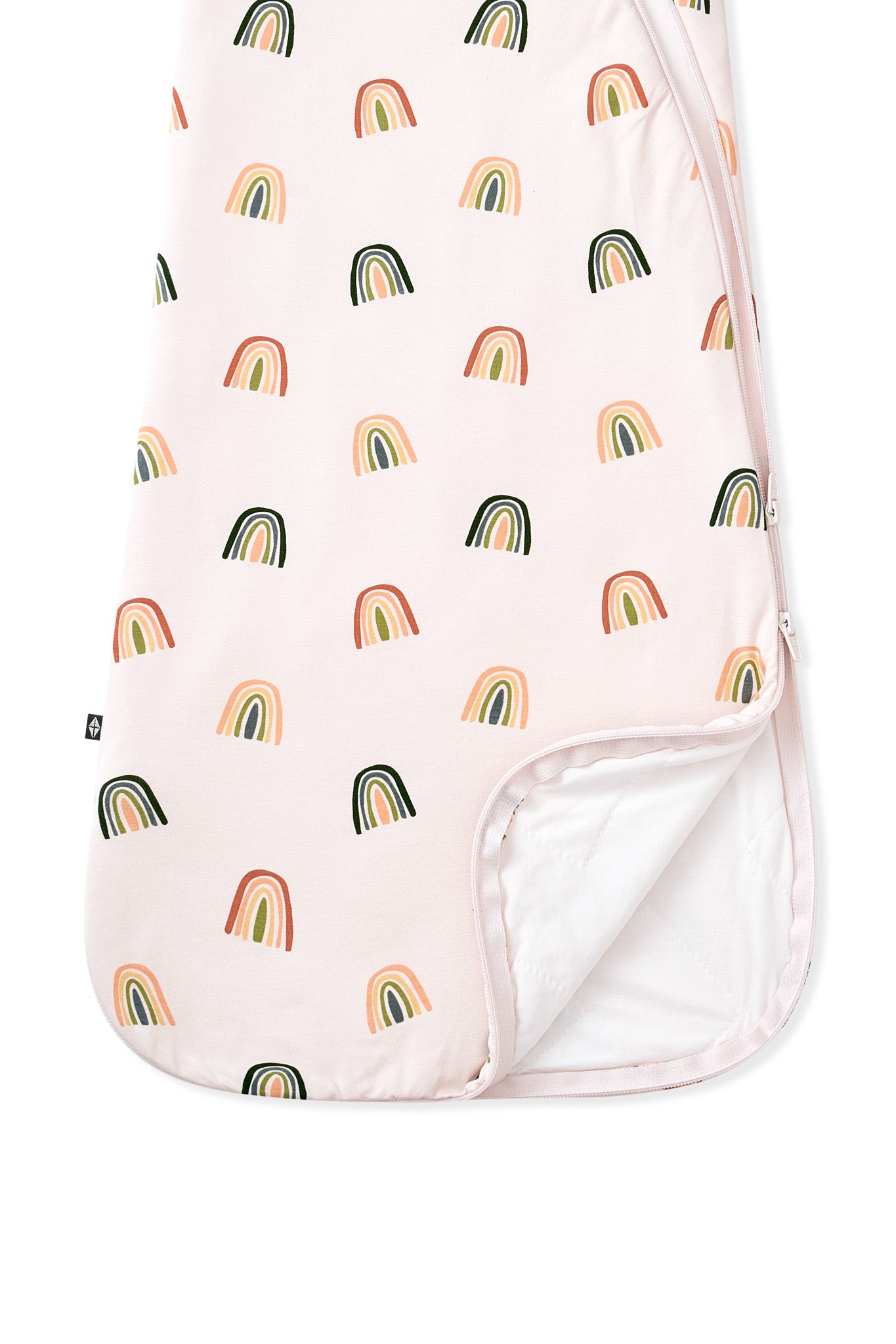 Vanilla cream Sleep Bag in Retro Rainbow print with dual zipper on a white background