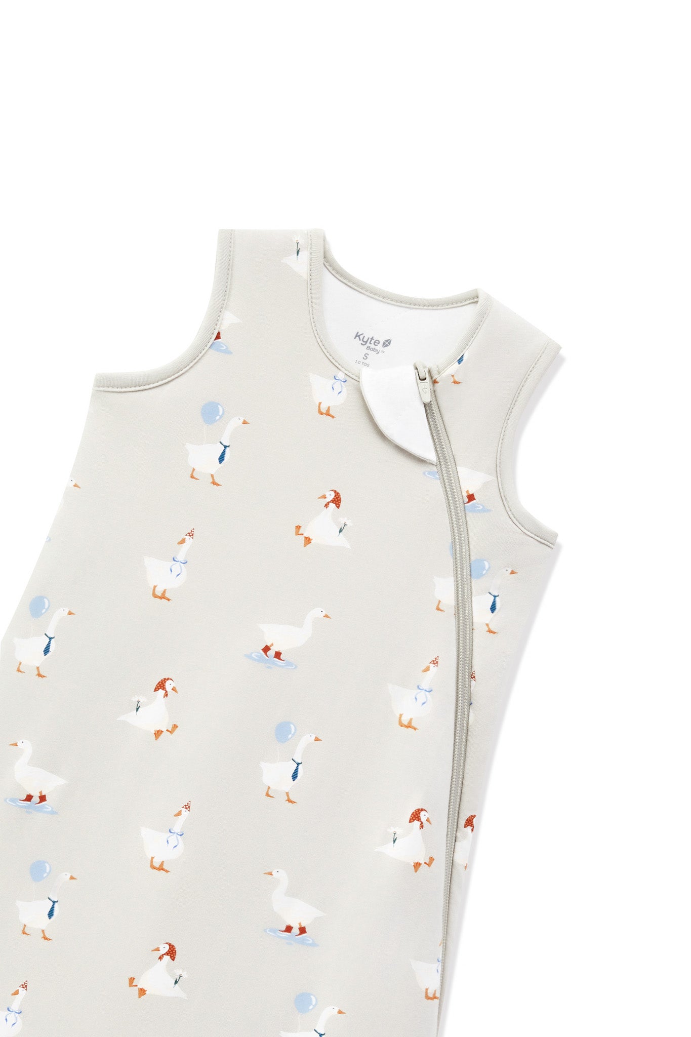 Sleep Bag in Oat Silly Goose 1.0 print with zipper garage on a white background