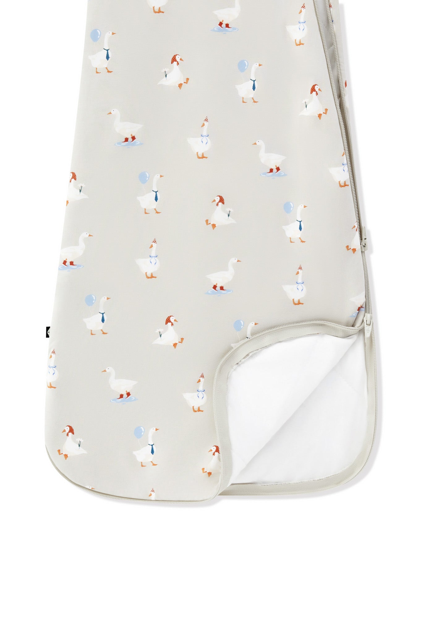 Sleep Bag in Oat Silly Goose 1.0 print with dual zipper on a white background