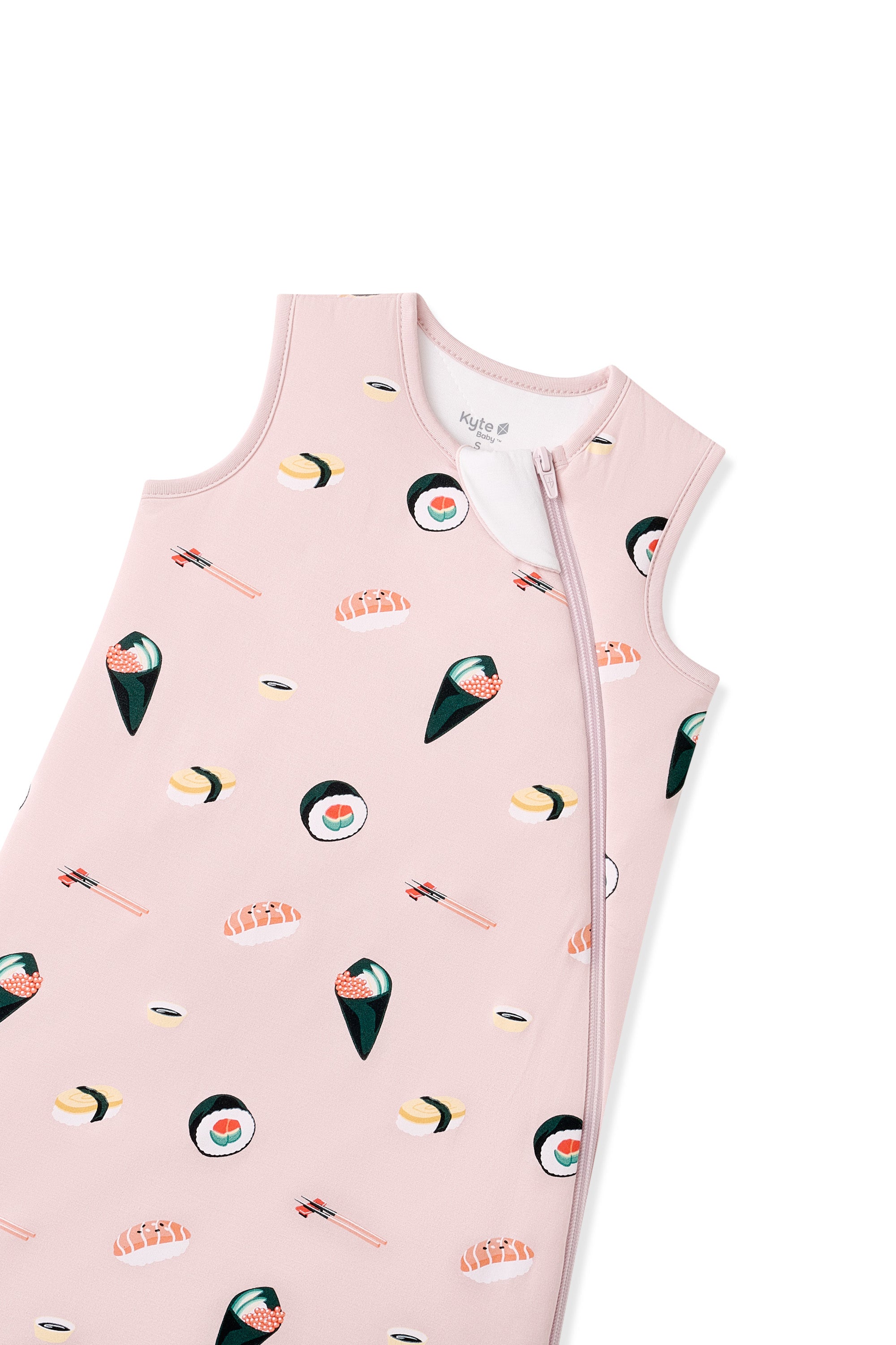 Baby sleep sack with sushi pattern on a light pink background with zipper garage