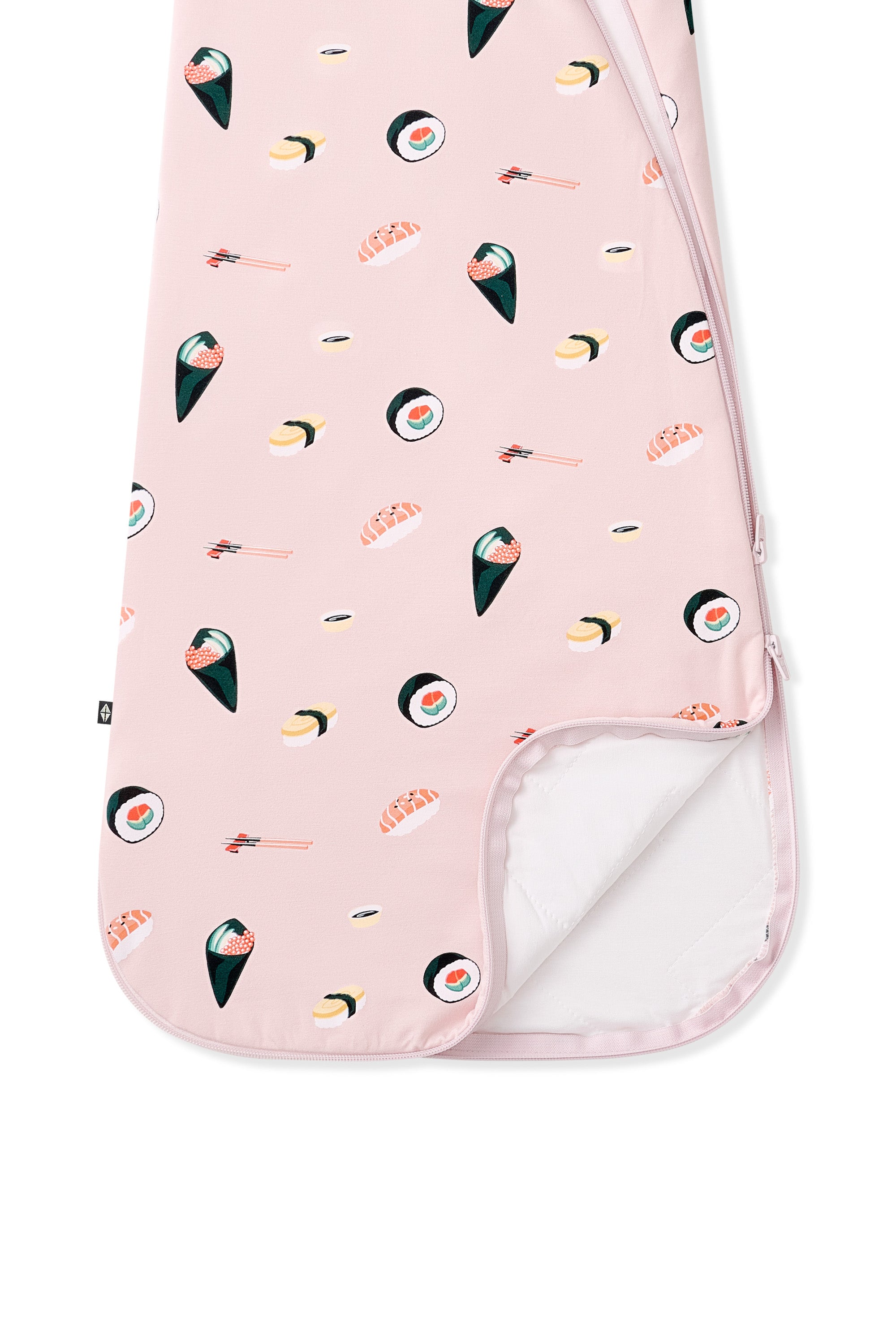 Baby sleep sack with sushi pattern on a light pink background with dual zipper