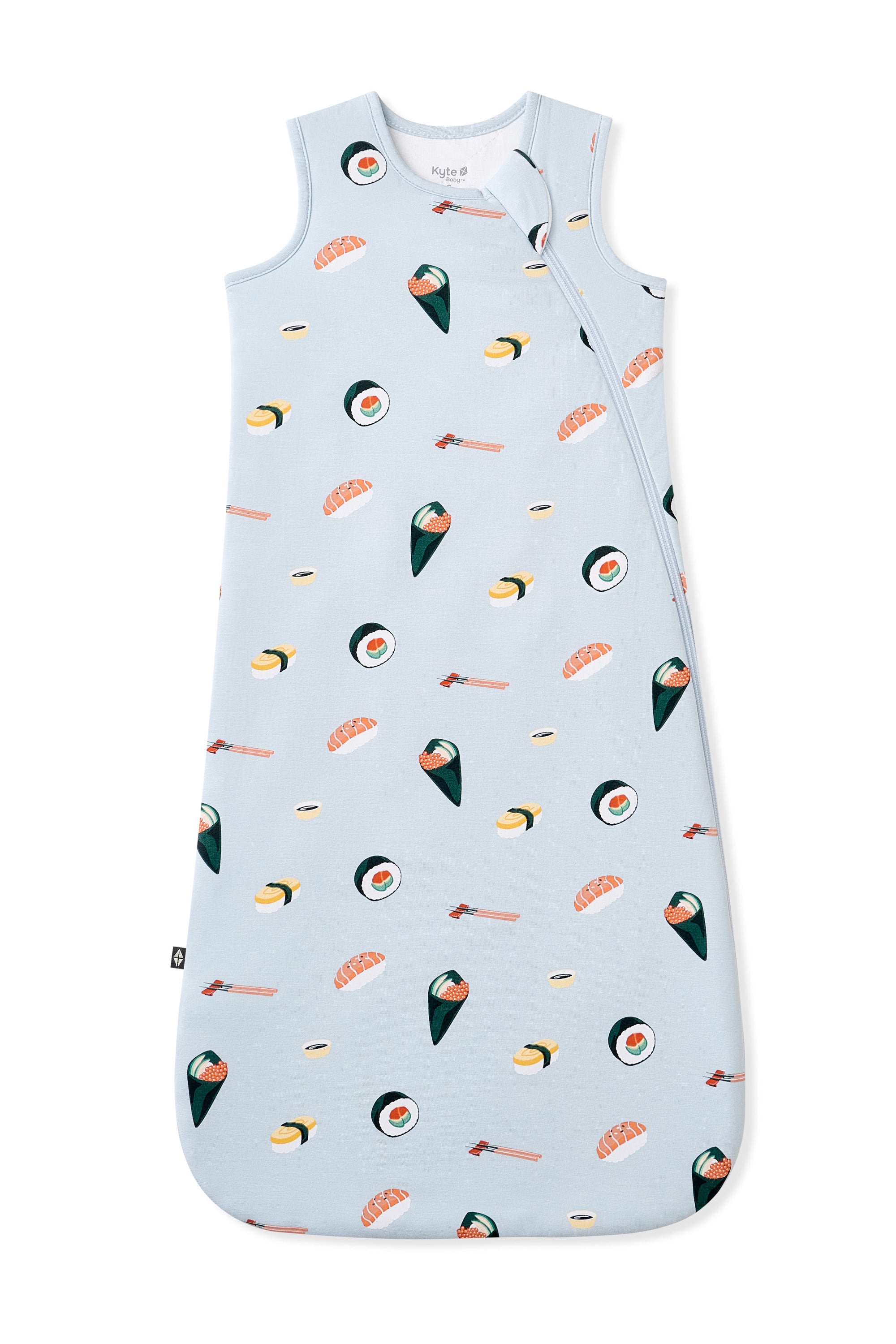 Baby sleeping bag with sushi pattern on a light blue background