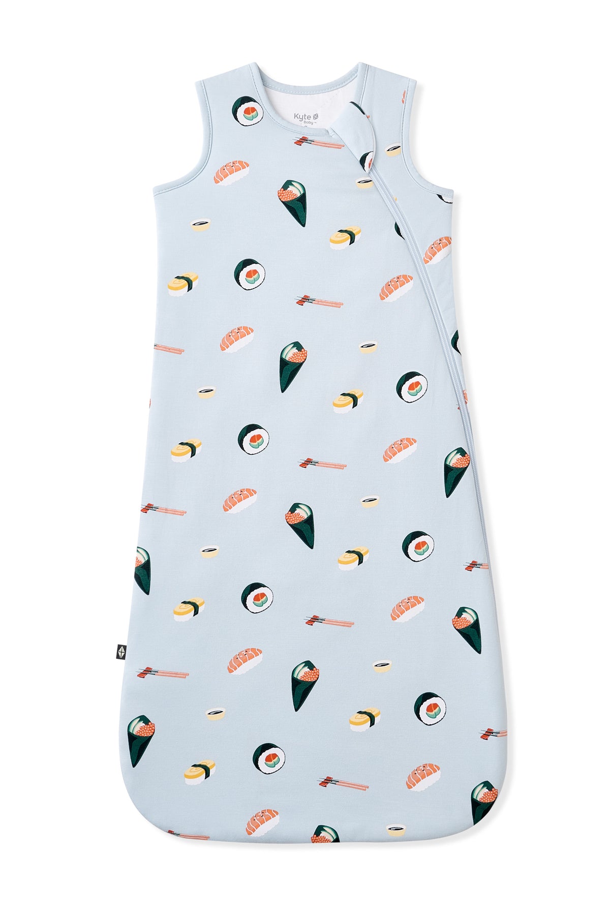 Baby sleeping bag with sushi pattern on a light blue background