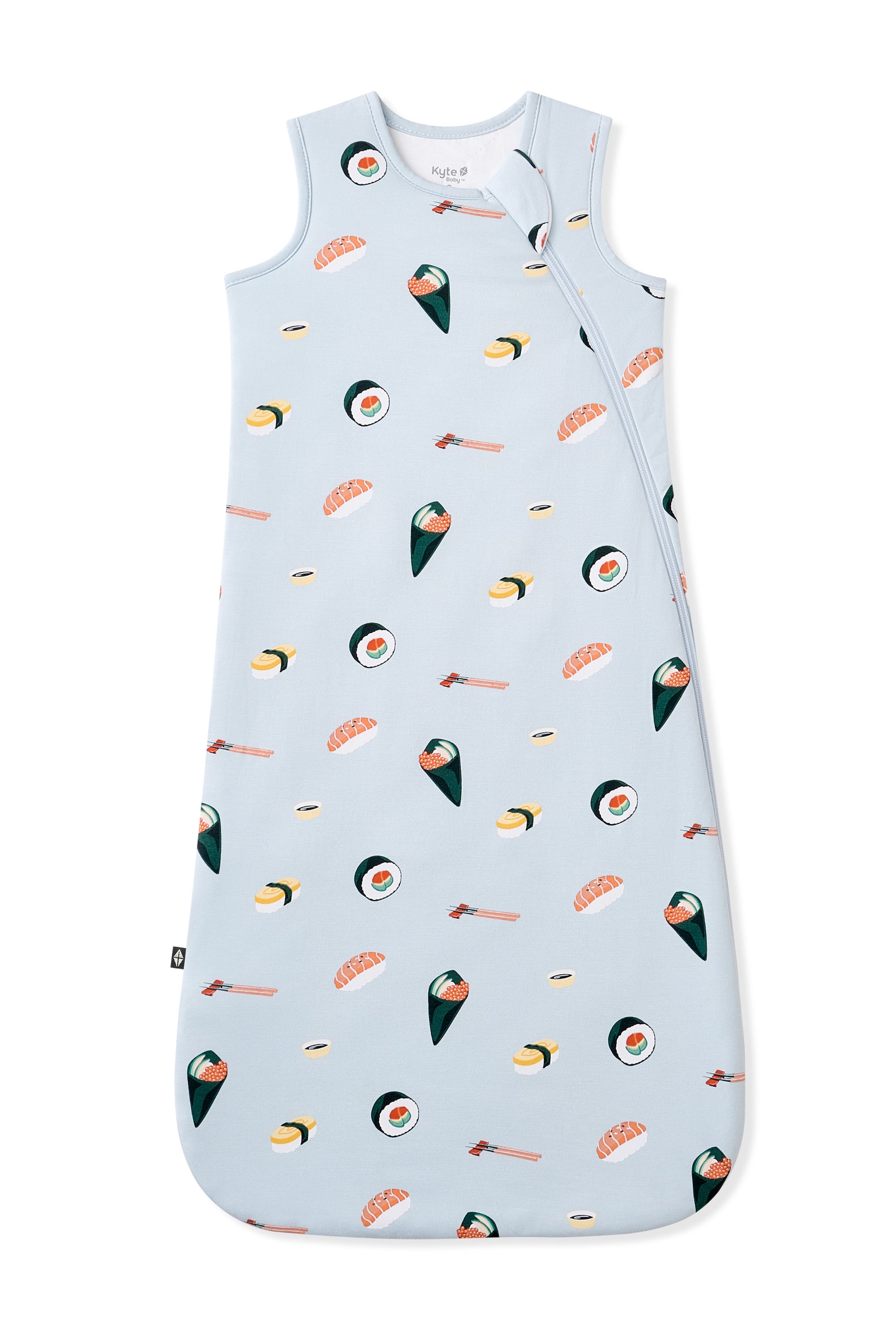 Baby sleeping bag with sushi pattern on a light blue background
