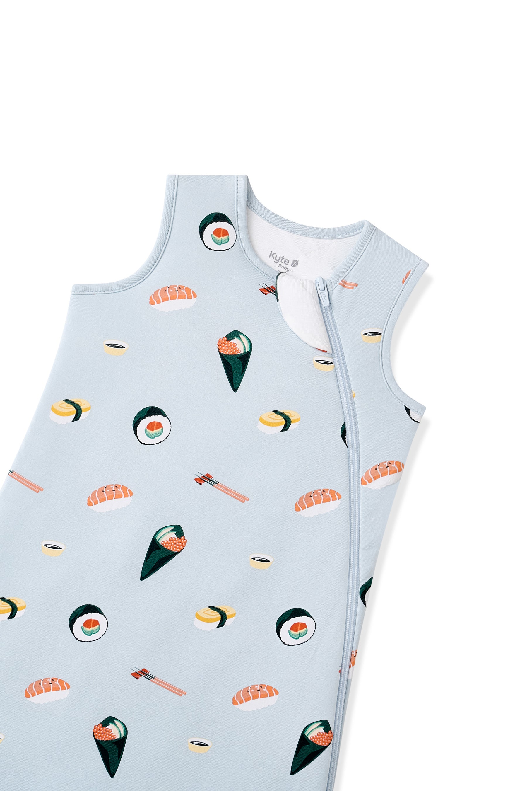 Baby sleep sack with sushi pattern on a light blue background with zipper garage
