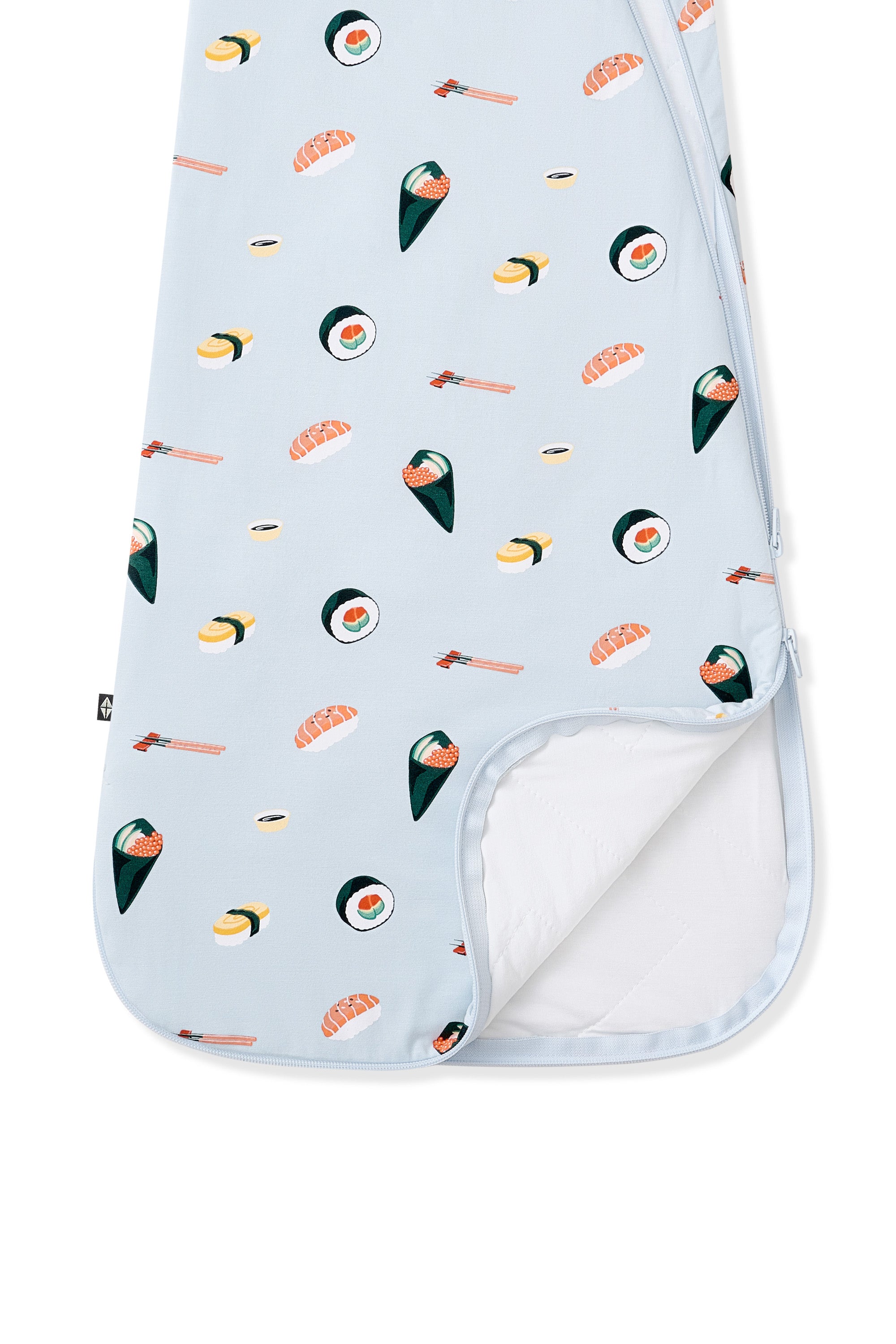 Baby sleep sack with sushi pattern on a light blue background with dual zipper