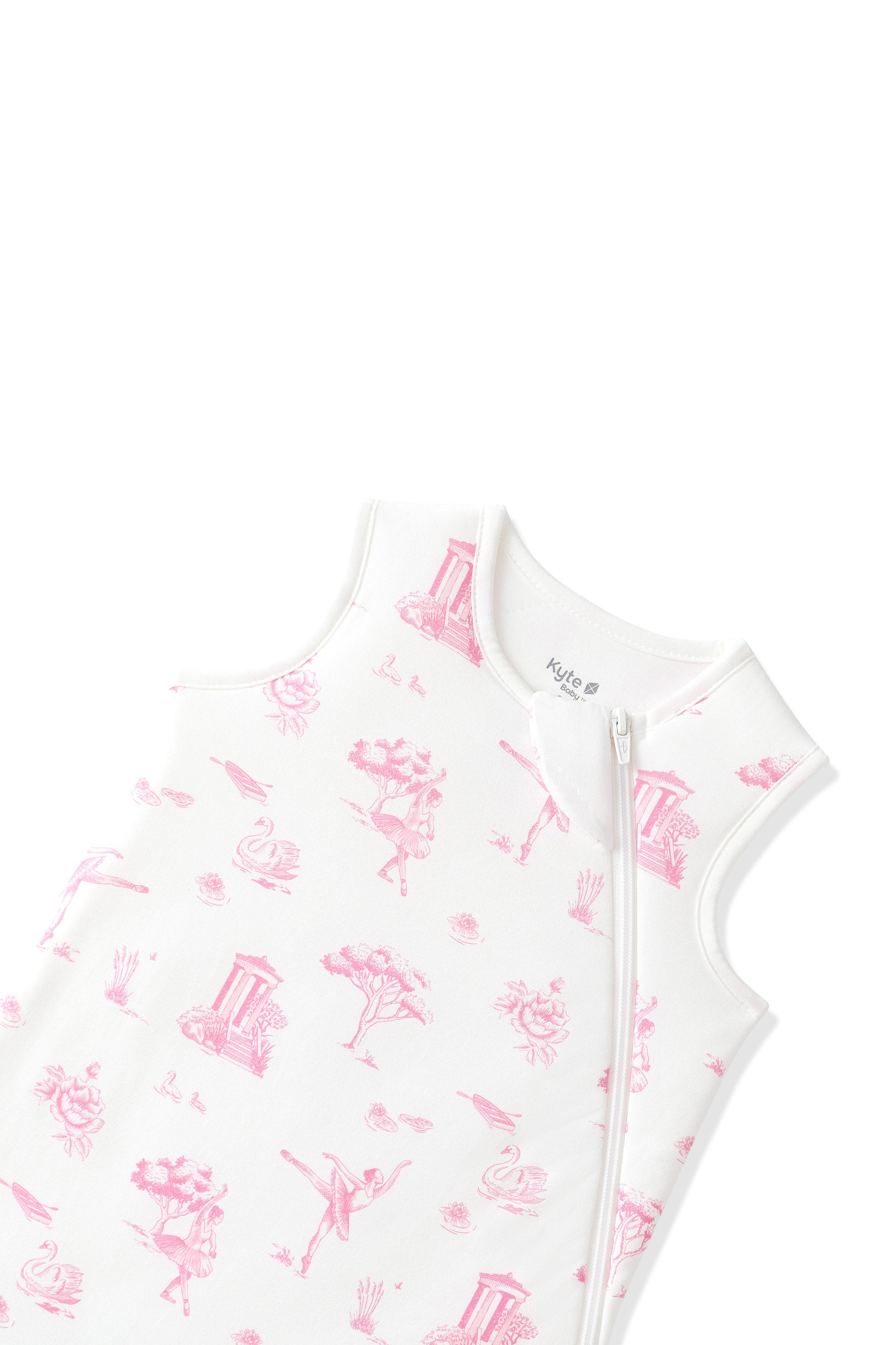 Close up of the zipper garage on the Sleep Bag in Toile Ballet 1.0