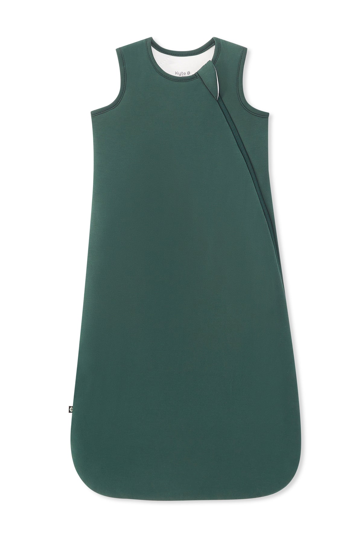 A dark green sleeveless baby sleep sack with an asymmetrical zipper, displayed flat against a solid white background.