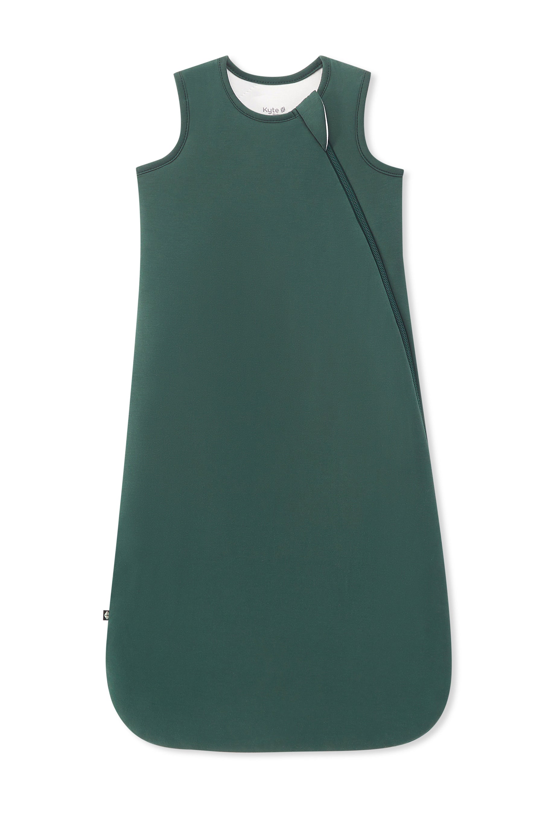 A dark green sleeveless baby sleep sack with an asymmetrical zipper, displayed flat against a solid white background.