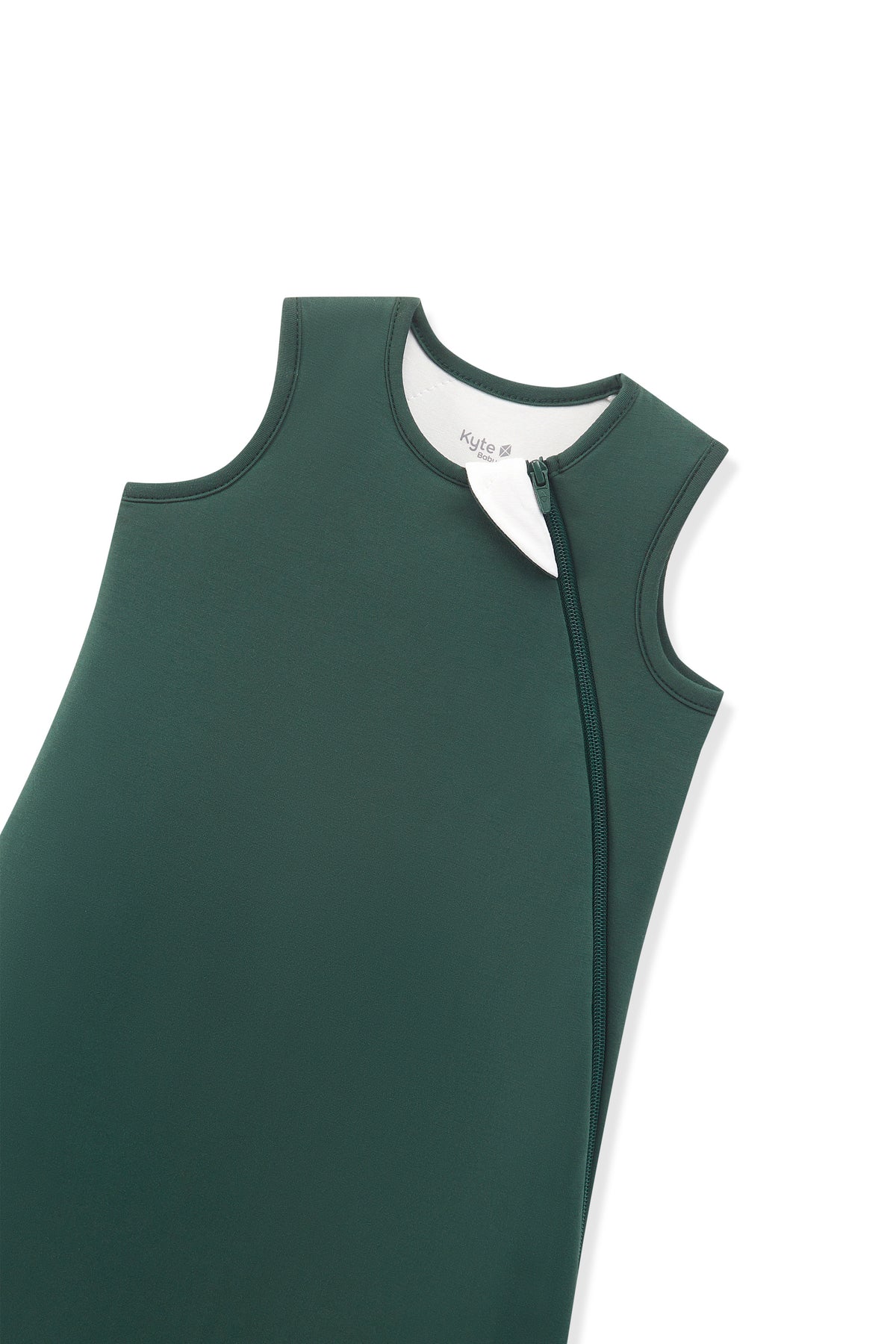A dark green sleeveless sleep sack with a front zipper and a white inner collar lining, shown on a plain white background.