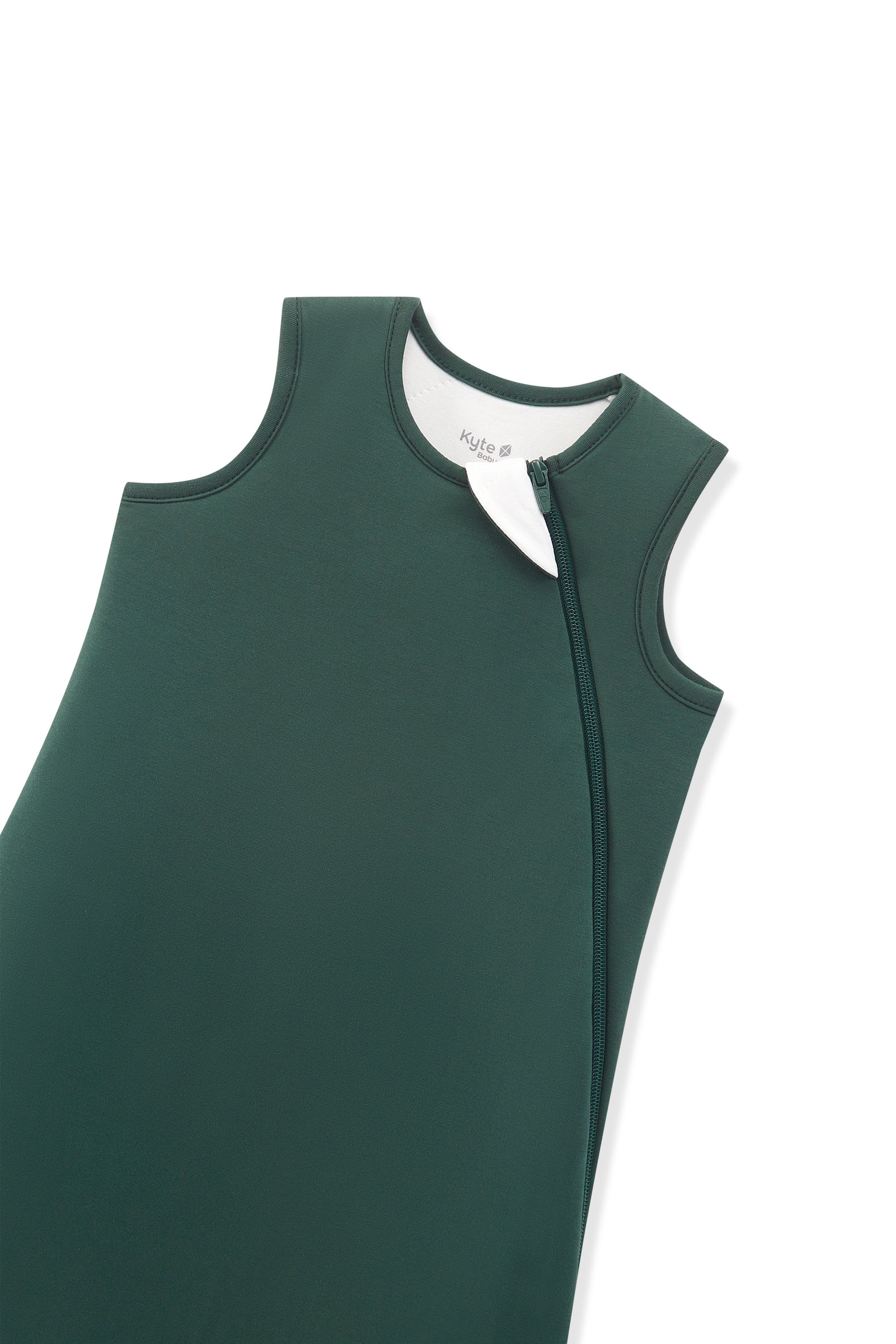 A dark green sleeveless sleep sack with a front zipper and a white inner collar lining, shown on a plain white background.
