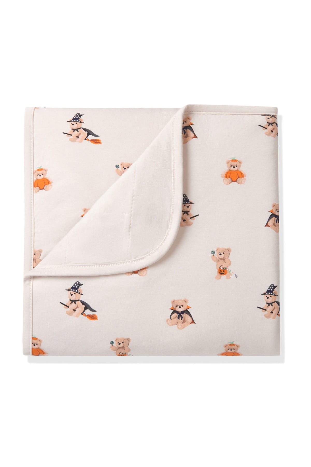 Beige Baby Blanket in Halloween Teddy 1.0 print on a white background
