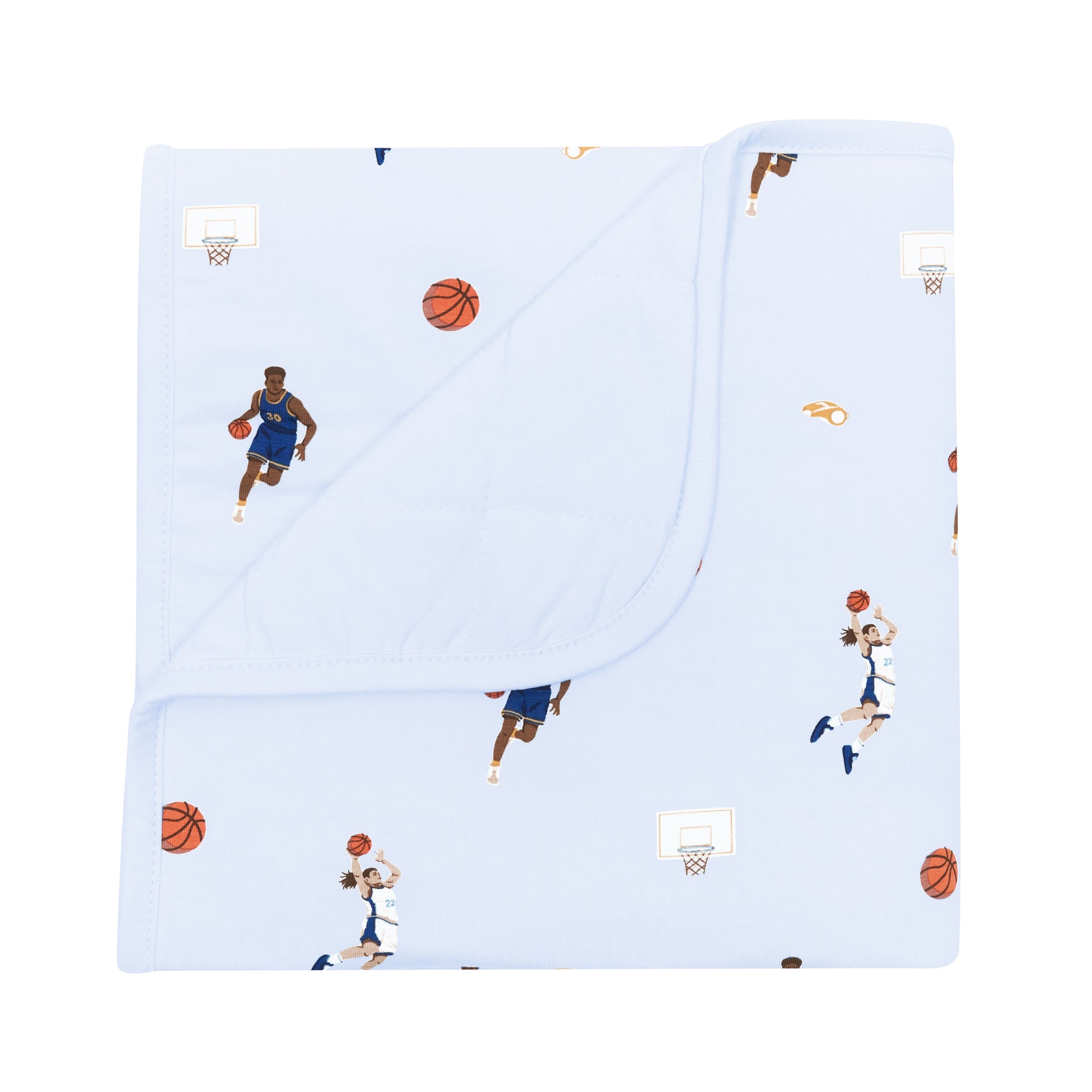 Baby Blanket in Basketball shown with the corner folded down showing the Mist colored backing