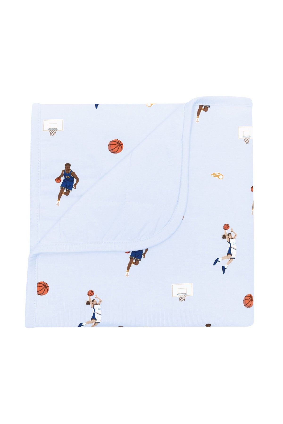 Light blue blanket with basketball player and ball pattern on a white background