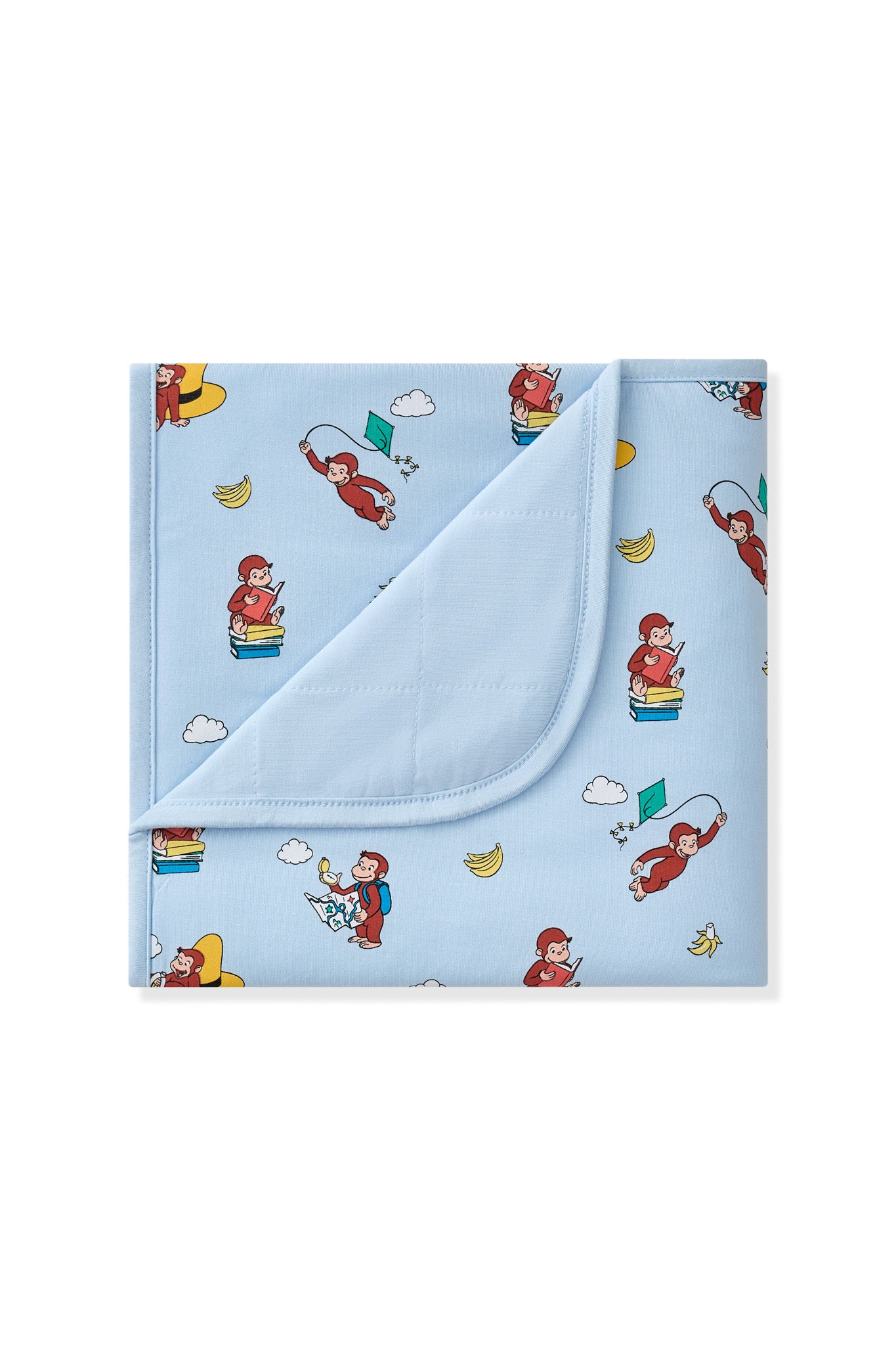 Blue Baby Blanket with Curious George 1.0 print on a white background