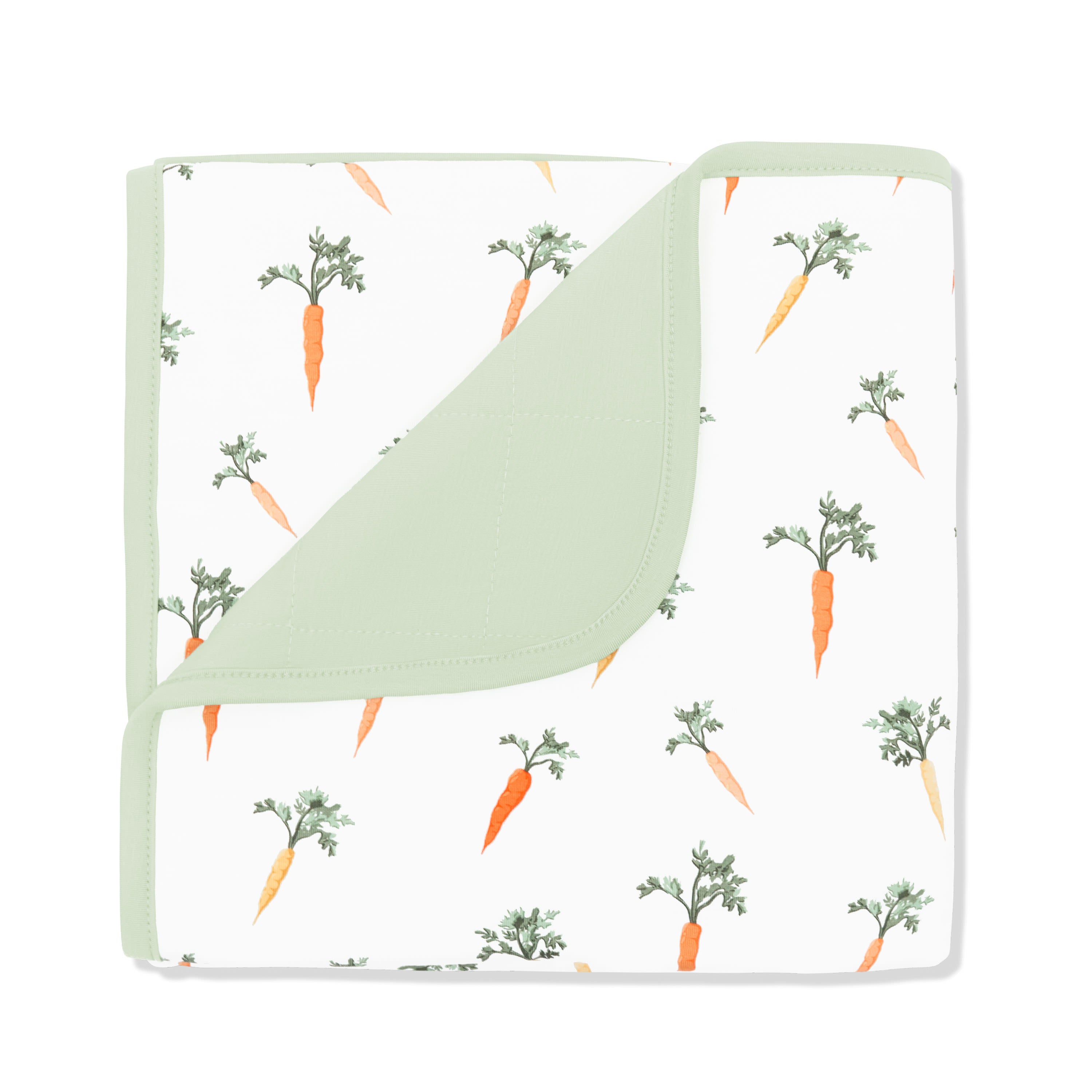 Baby Blanket in Carrot with the corner folded down showing the Basil green backing