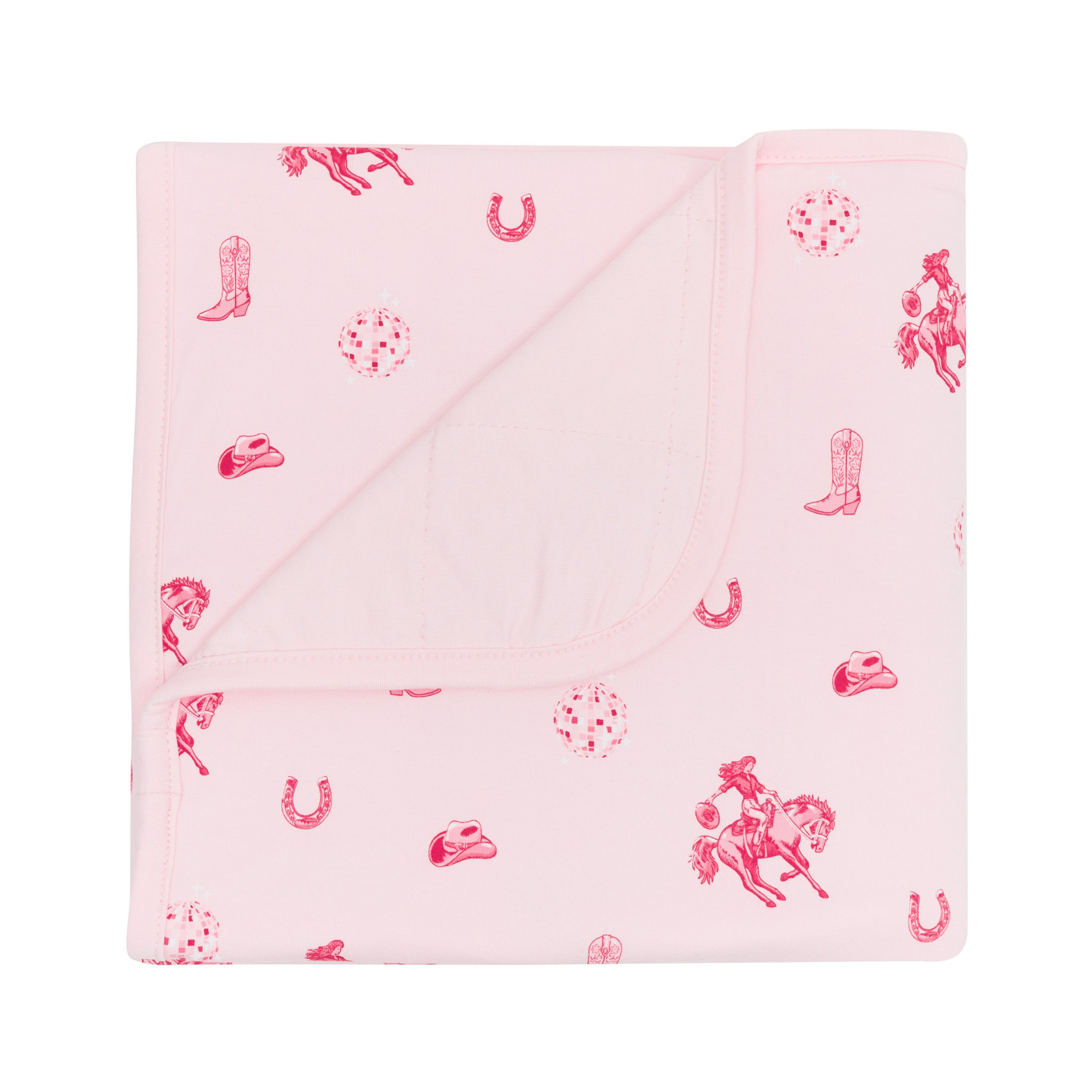 Baby Blanket in Disco Cowgirl with the corner flipped down showing the light pink backing