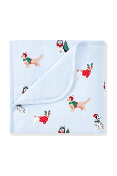 Blue Baby Blanket with Holiday Pups 1.0 print on a white background