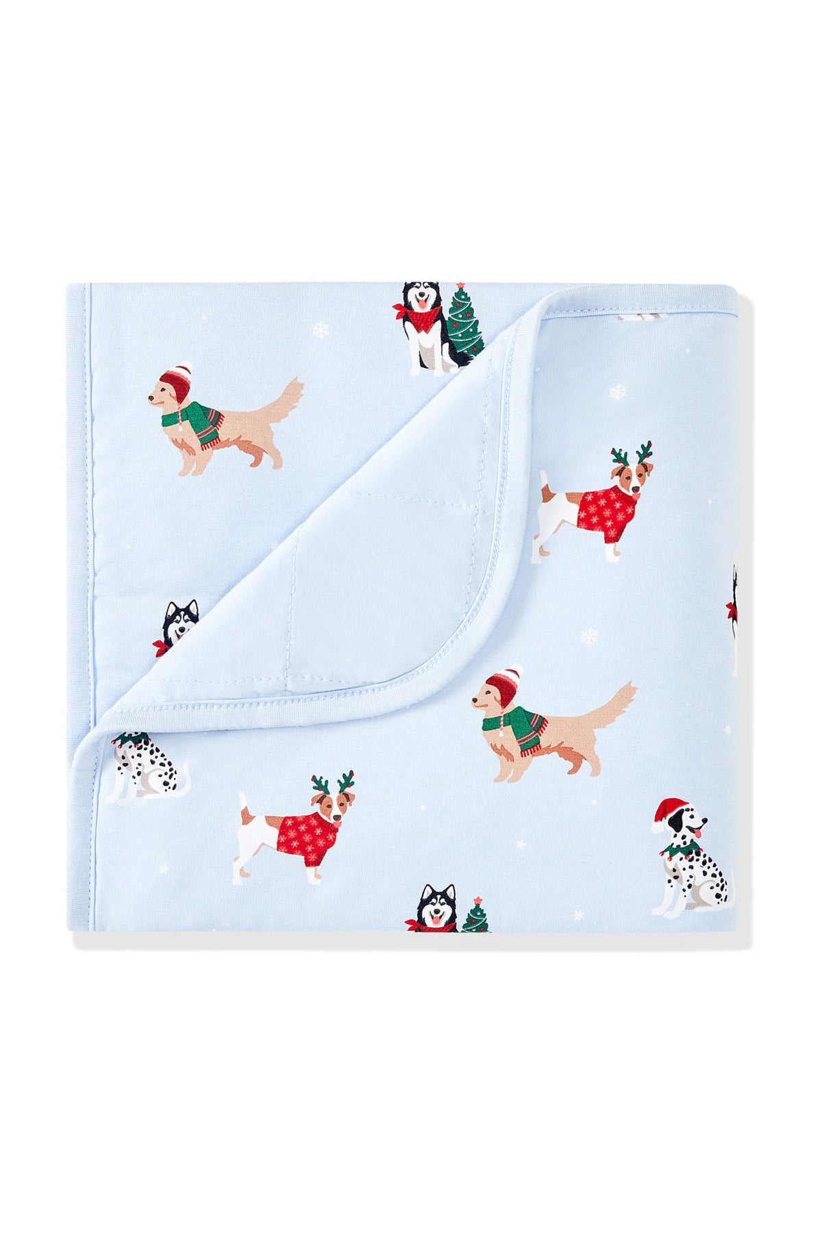 Blue Baby Blanket with Holiday Pups 1.0 print on a white background