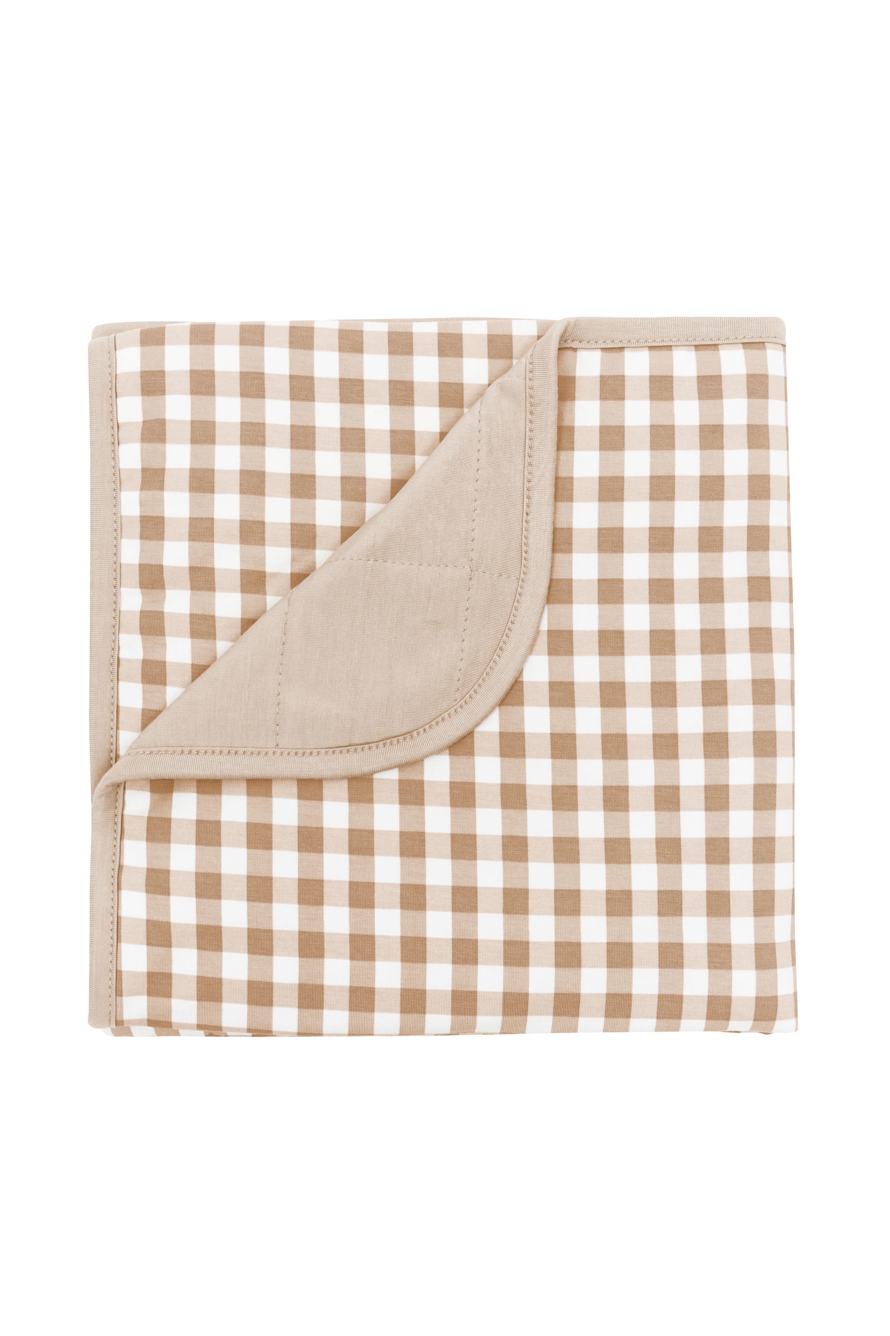 Baby Blanket in Gingham Bisque with the corner flipped down showing the Bisque colored backing