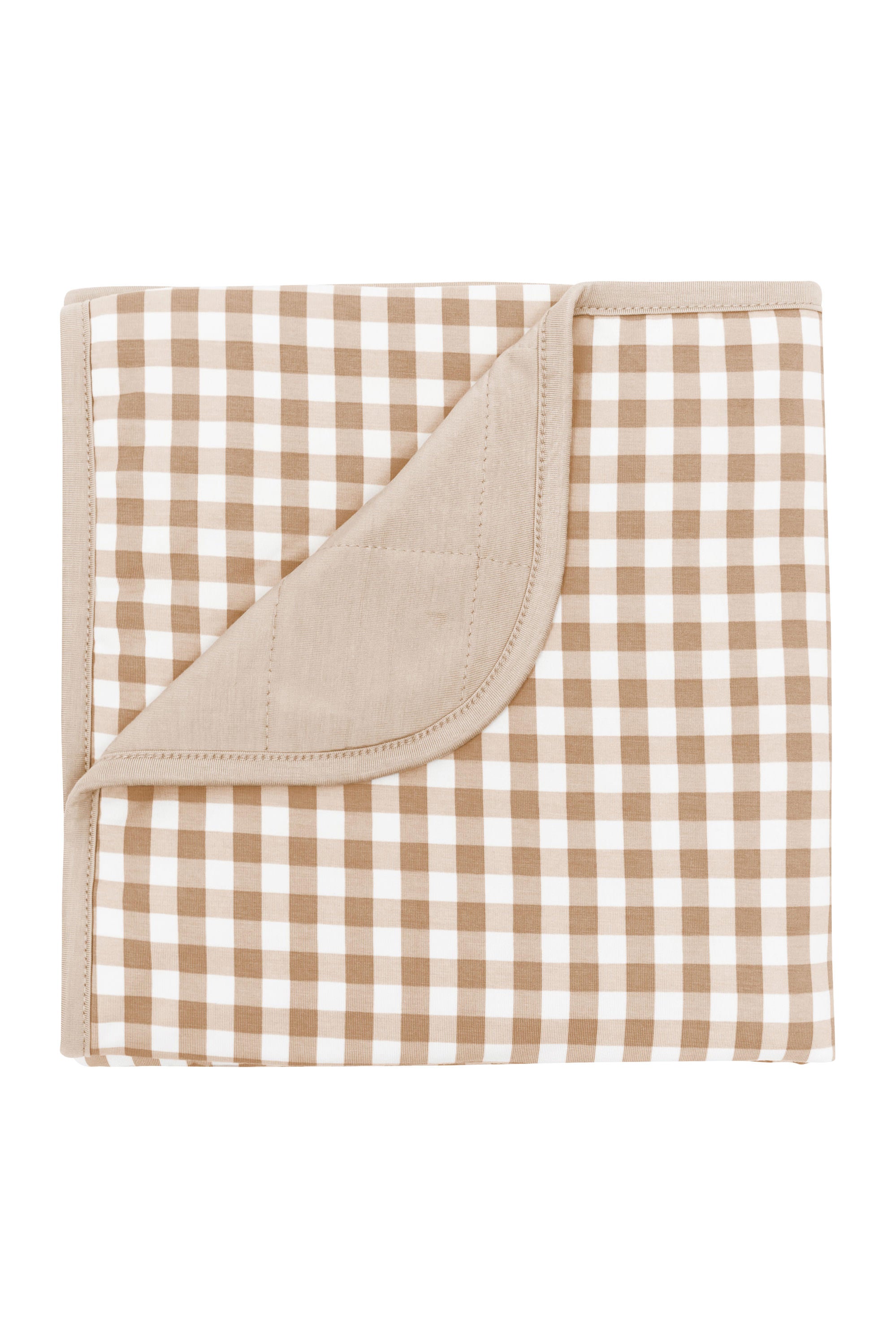 Baby Blanket in Gingham Bisque with the corner flipped down showing the Bisque colored backing