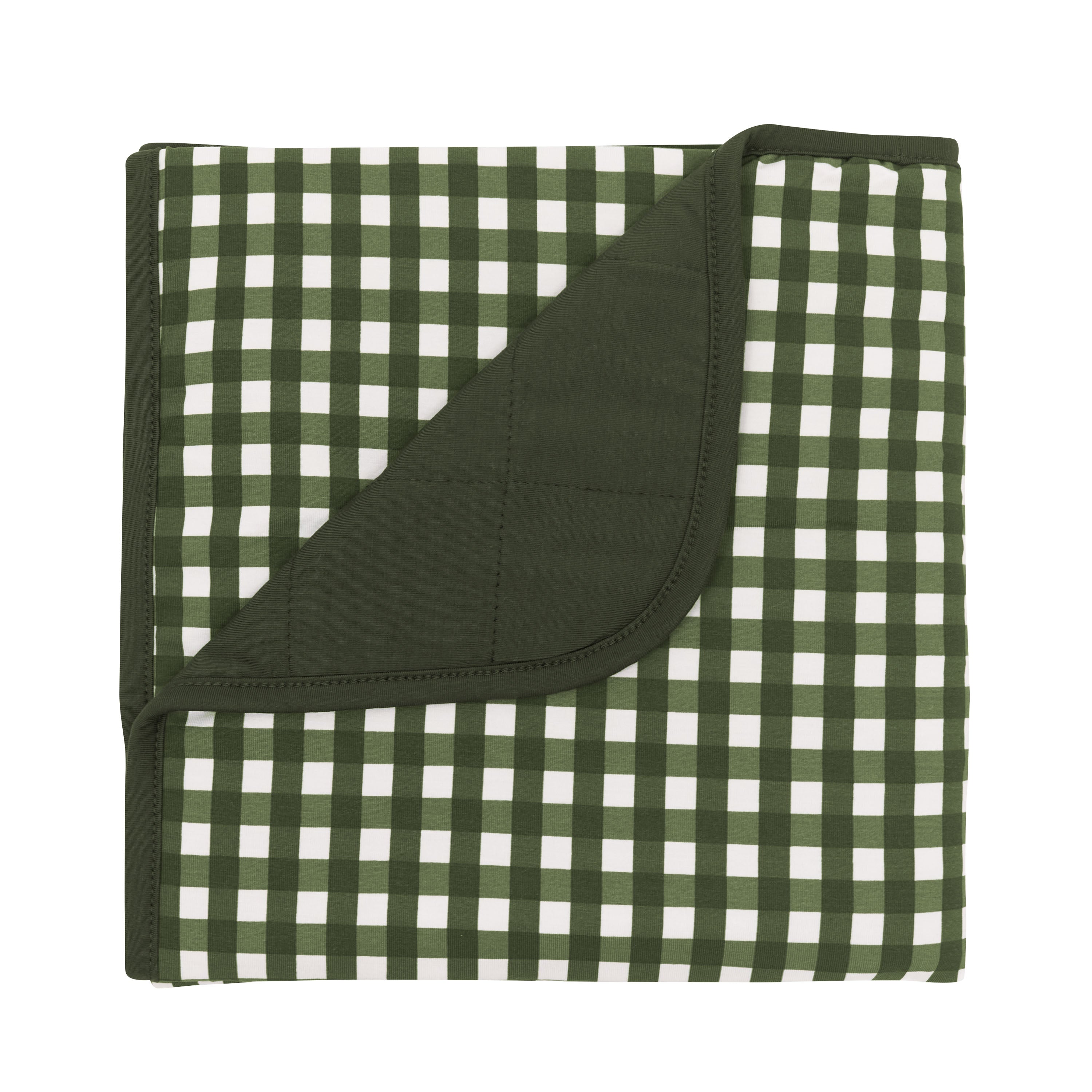 Baby Blanket in Gingham Fir with the corner folded down showing the Fir colored backing