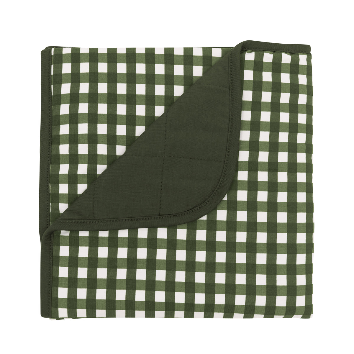 Baby Blanket in Gingham Fir with the corner folded down showing the Fir colored backing