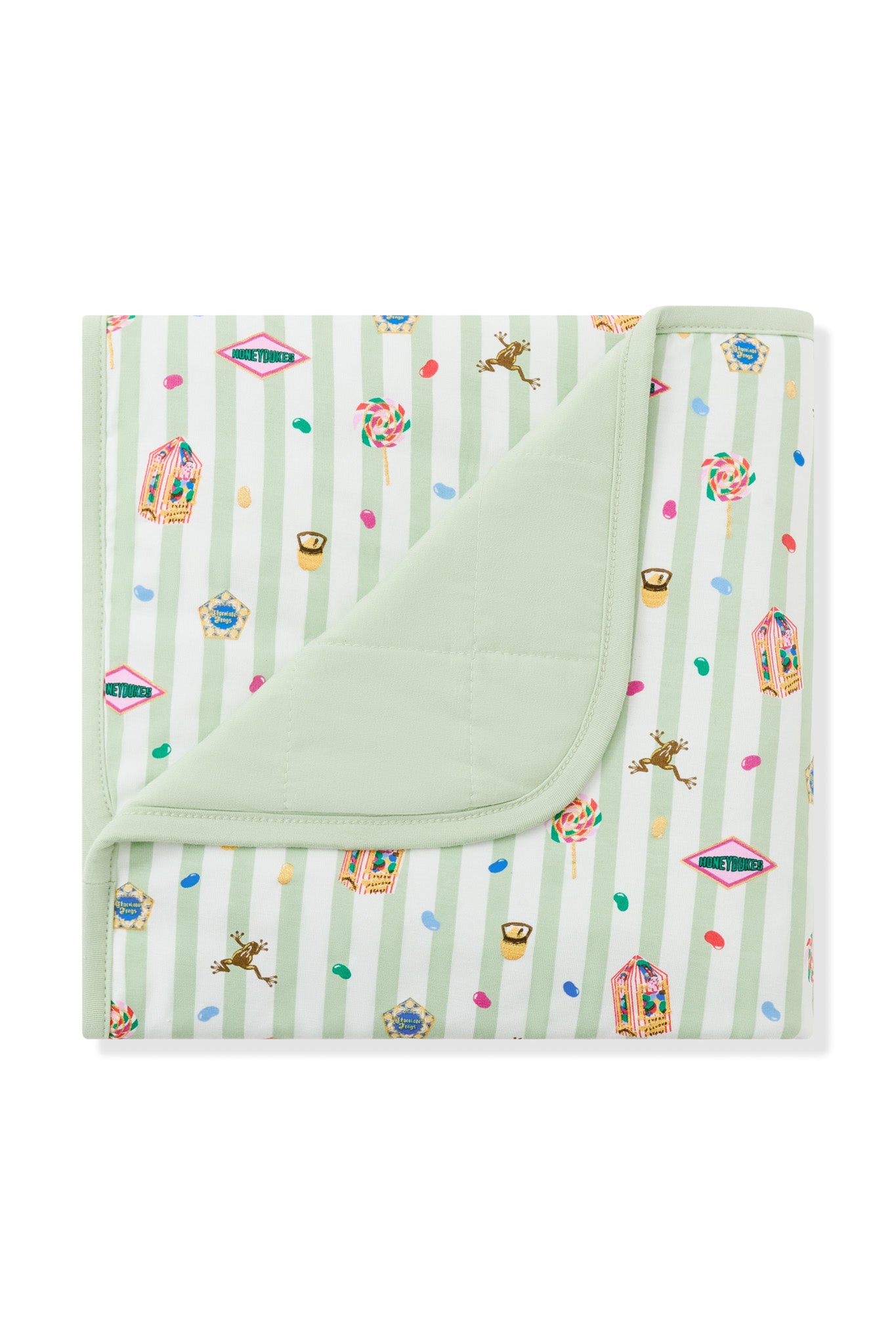 Green and white striped Baby blanket with colorful Harry Potter patterns on a white background