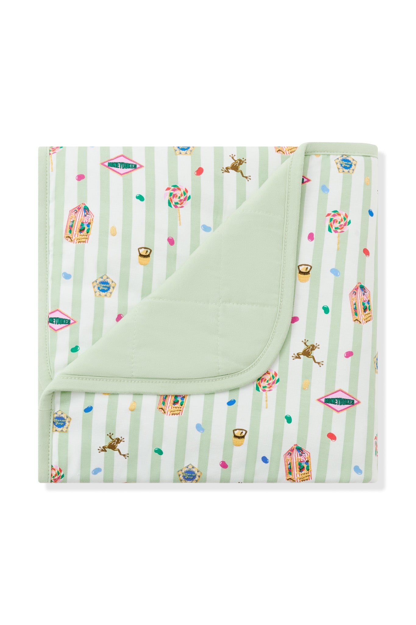 Green and white striped Baby blanket with colorful Harry Potter patterns on a white background