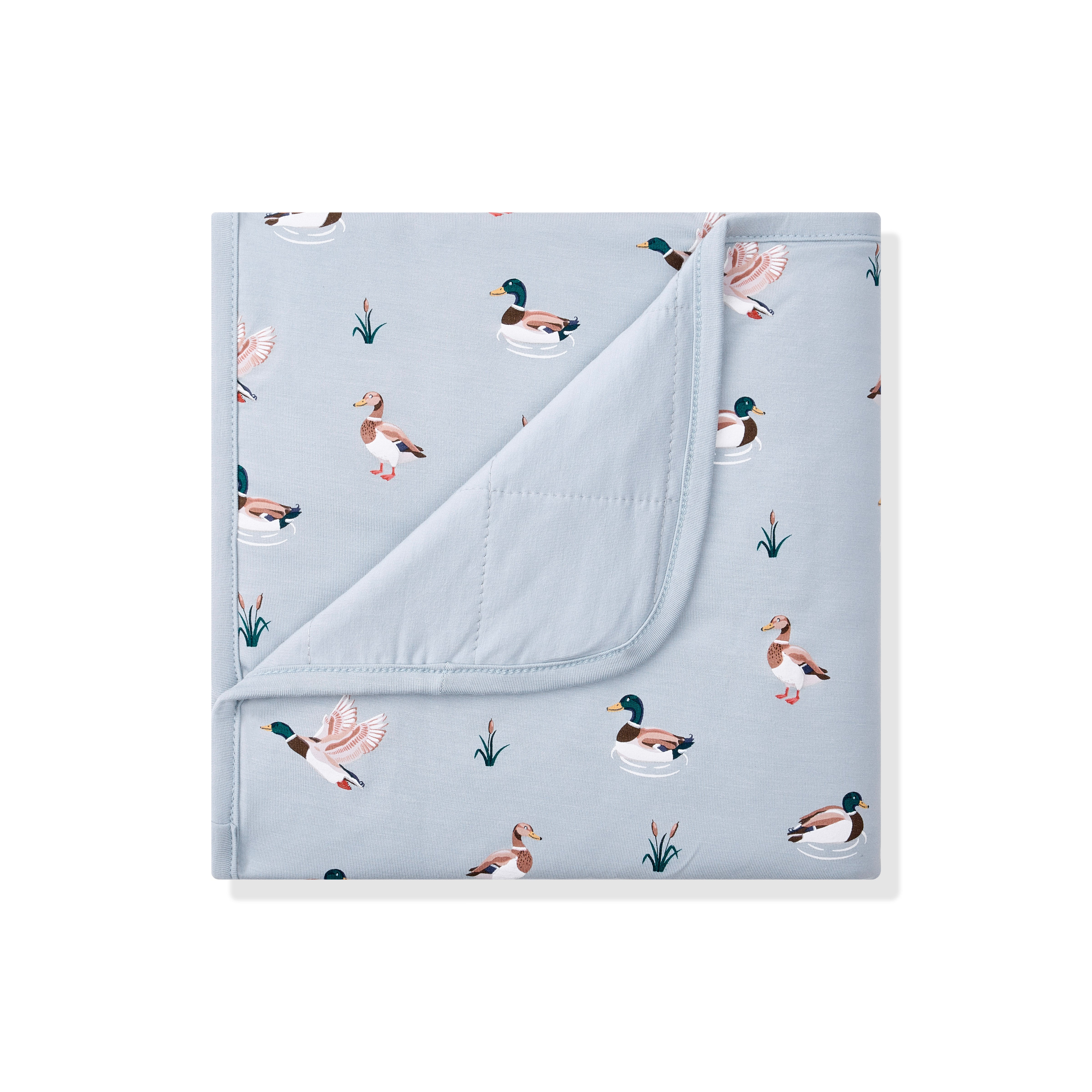Baby Blanket in Mallard Duck with the corner folded down showing the light blue backing