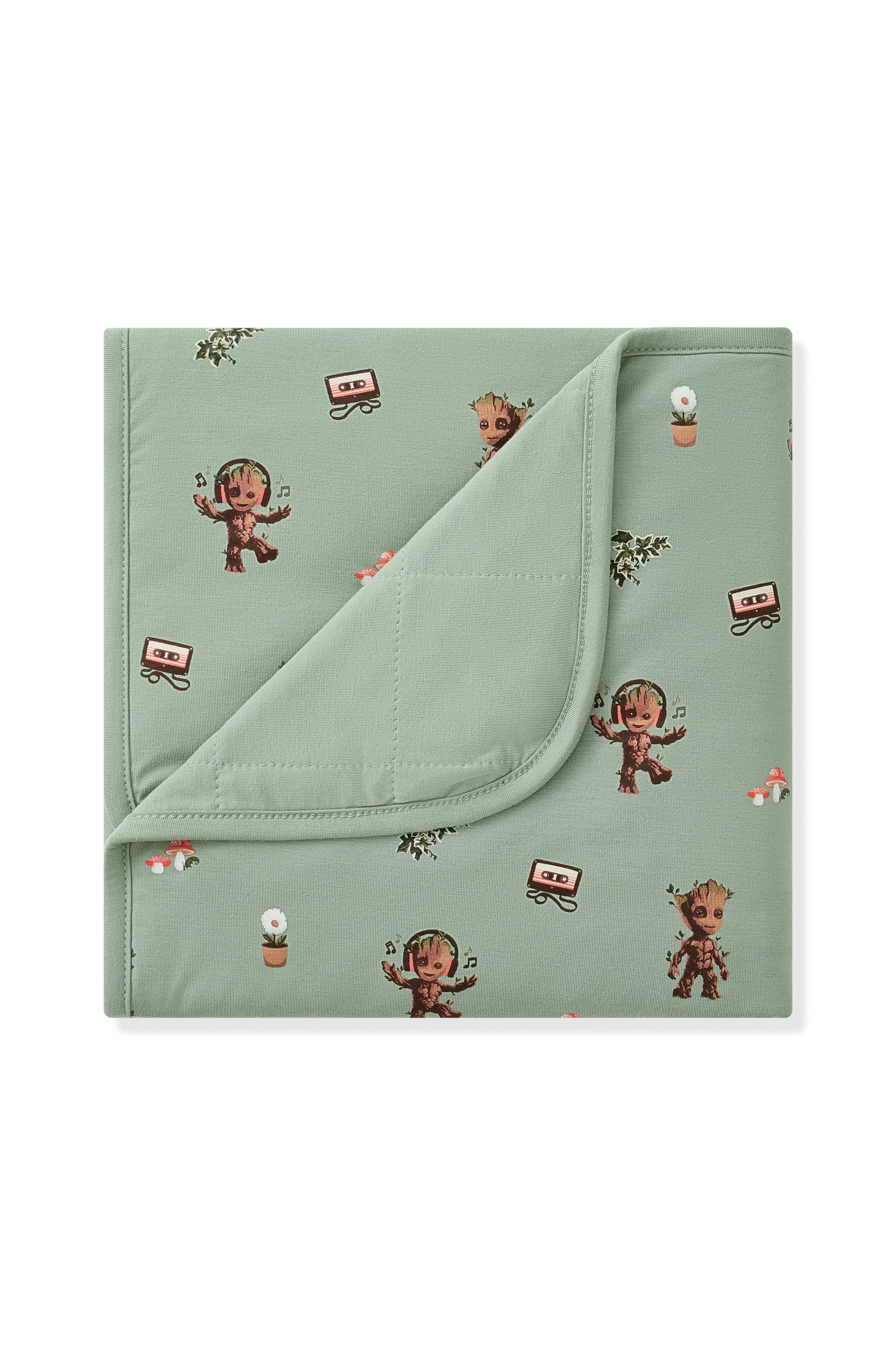 Green Baby Blanket with Groot print on white background