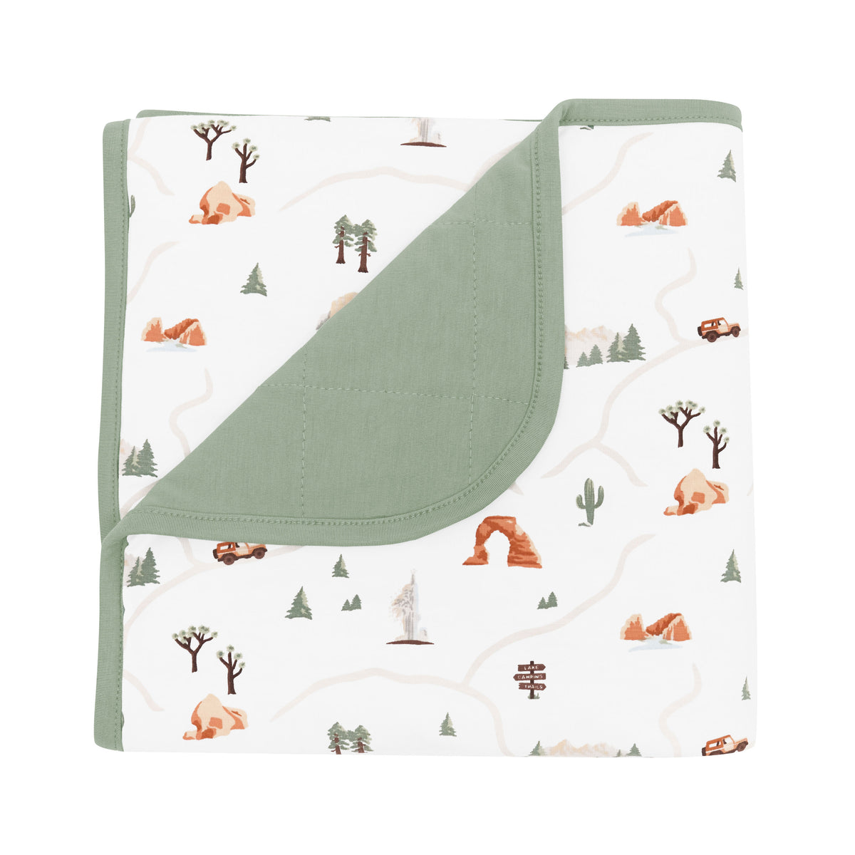 Baby Blanket in Road Trip with green quilted backing