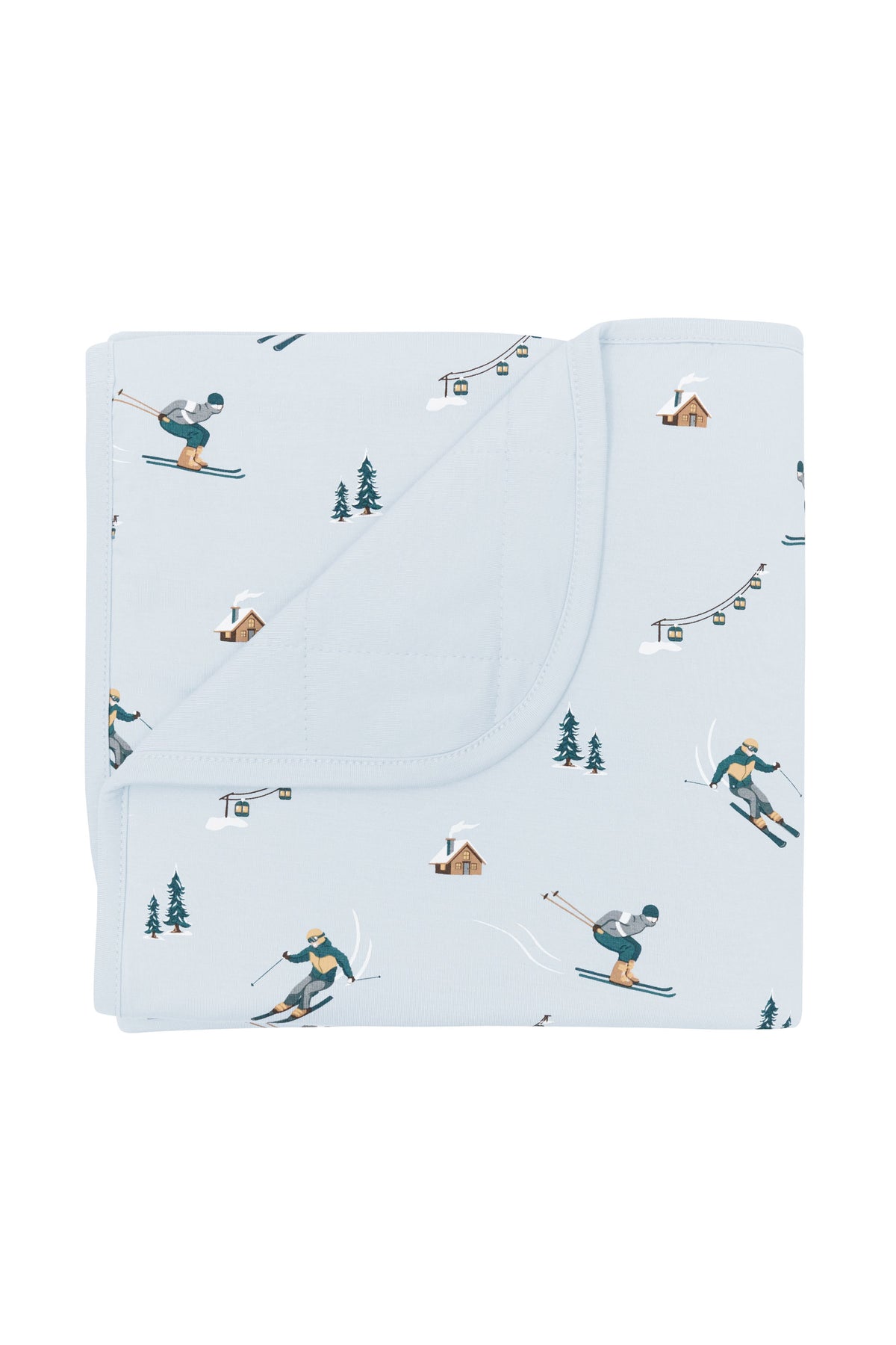 Baby Blanket in Ski with the corner flipped down showing the light blue backing resting on a white surface