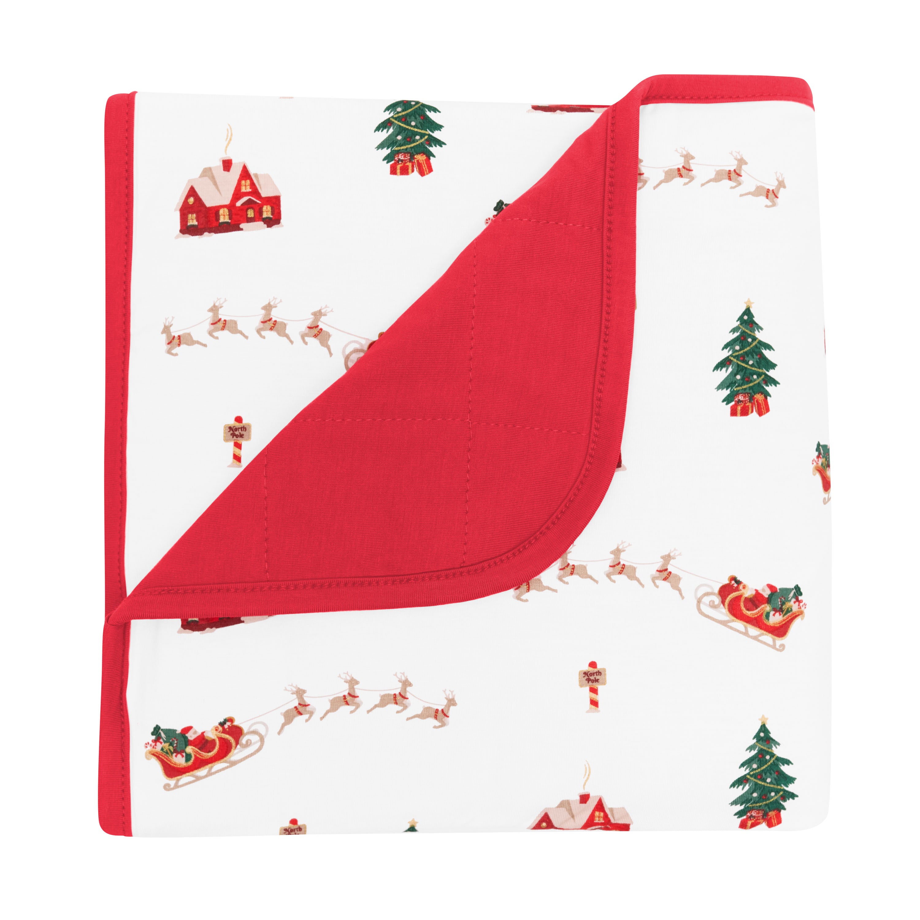 Baby Blanket in Santa Sleigh with the corner flipped down showing the red backing