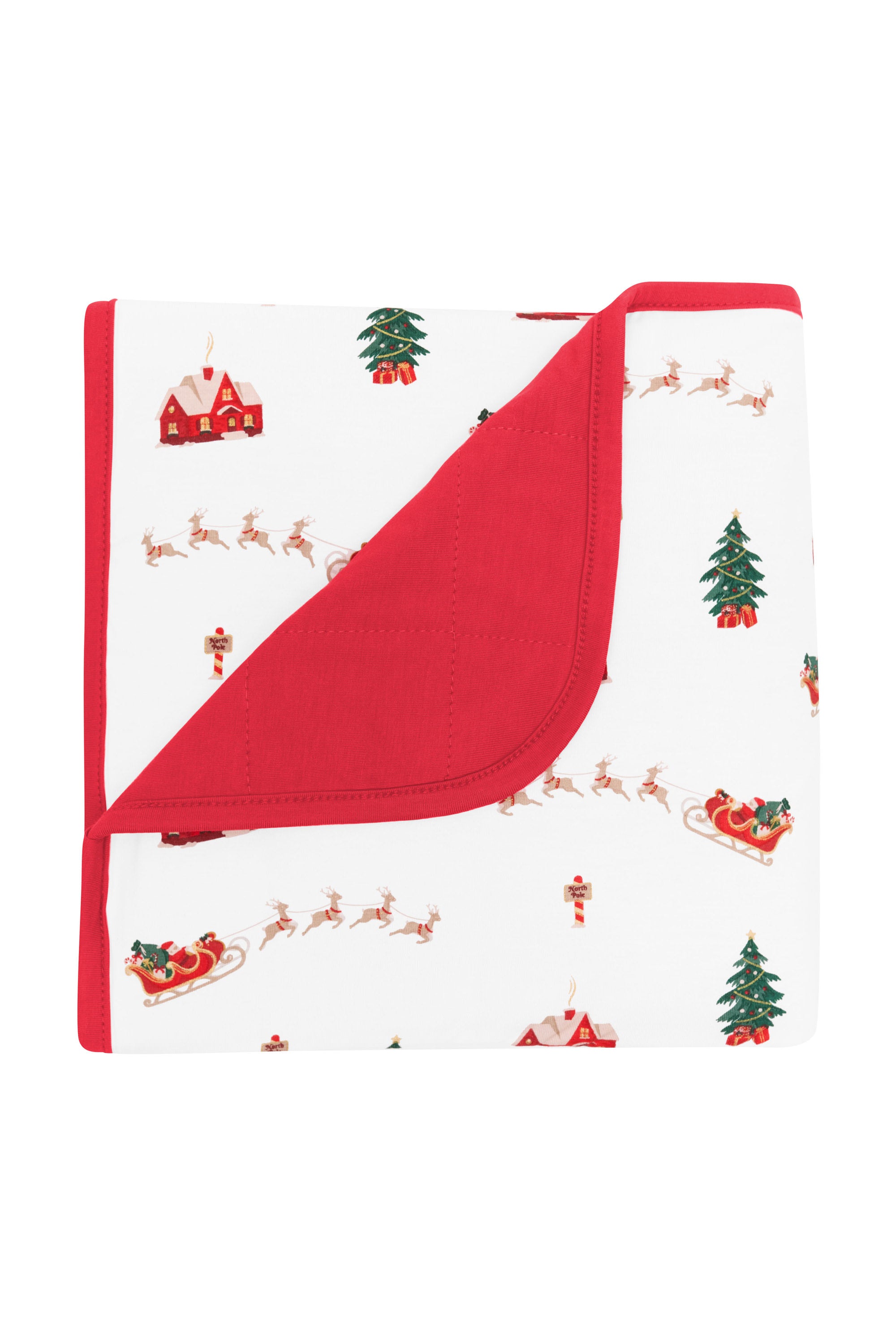 Baby Blanket in Santa Sleigh with the corner flipped down showing the red backing