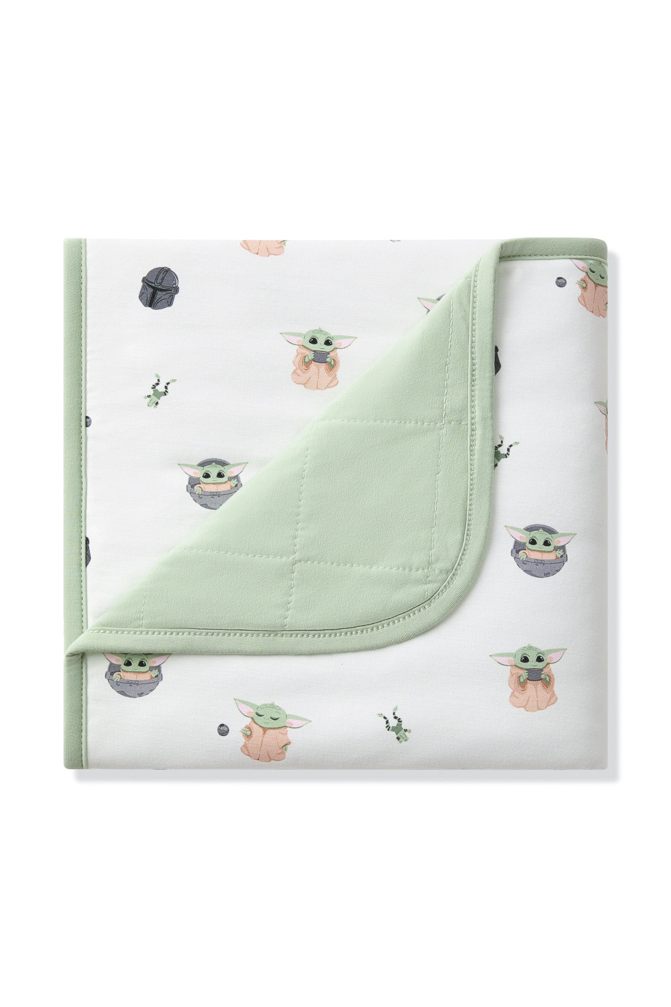 Baby Blanket in Grogu™ with the corner folded down showing the light green quilted backing