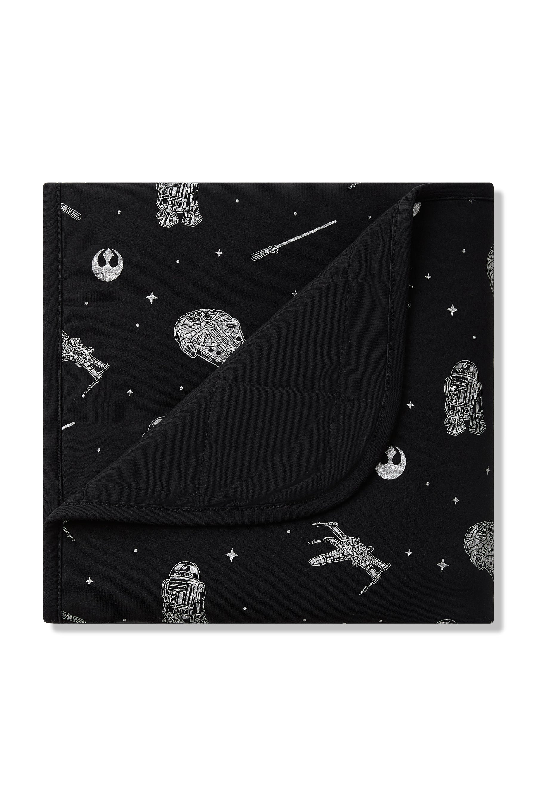 Baby Blanket in STAR WARS™ with the corner of the blanket folded down showing the black quilted backing