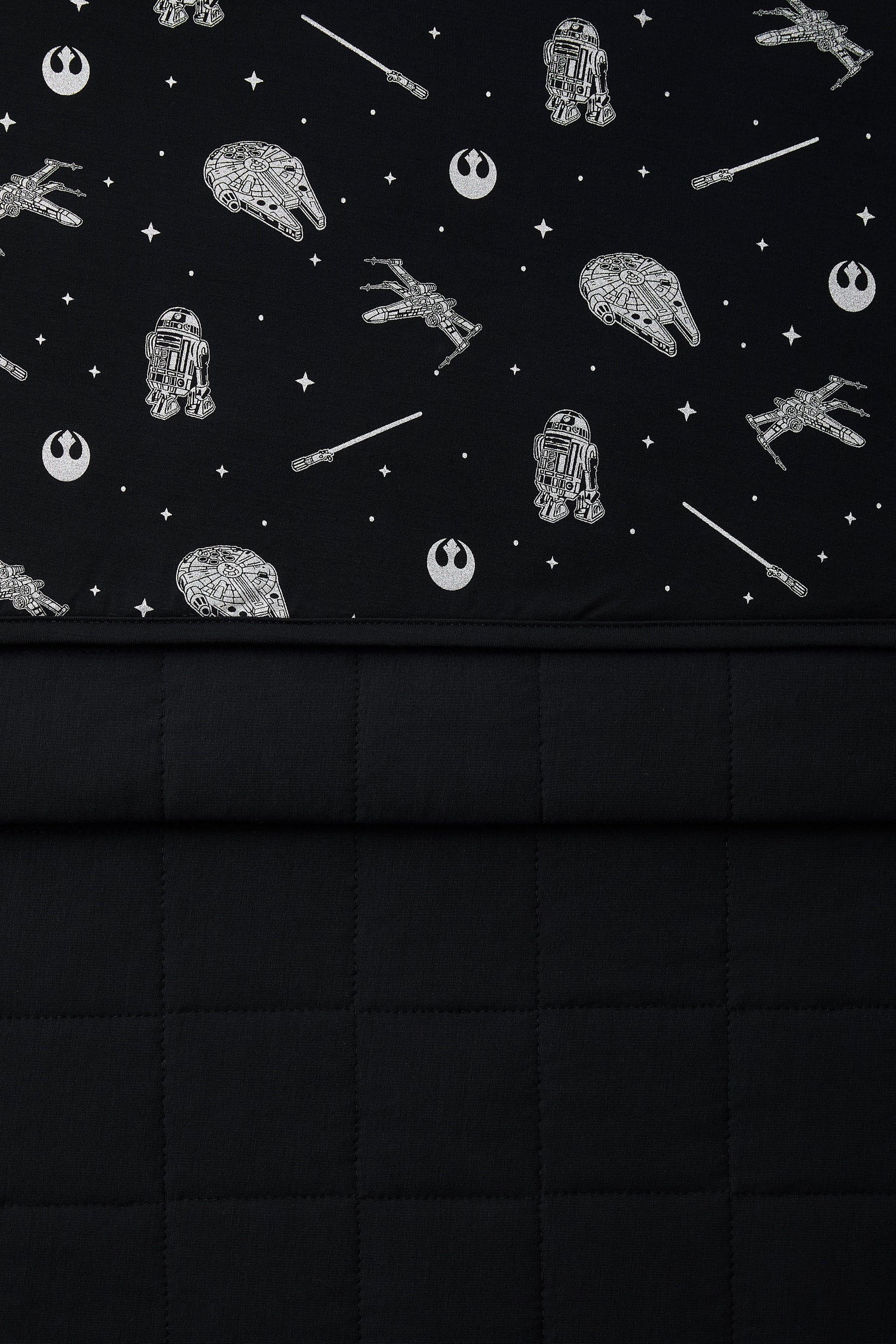Close up of the Baby Blanket in STAR WARS™ showing the quilted black backing and smooth printed top layer