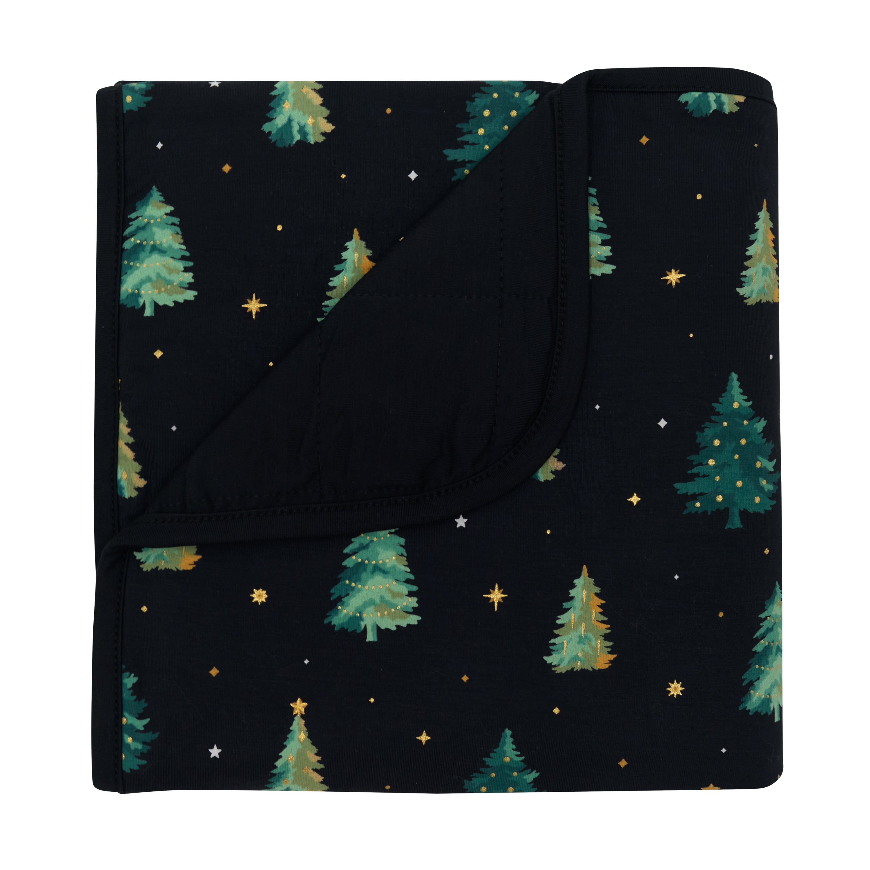 Baby Blanket in Twinkle Tree with the corner flipped down showing the black backing