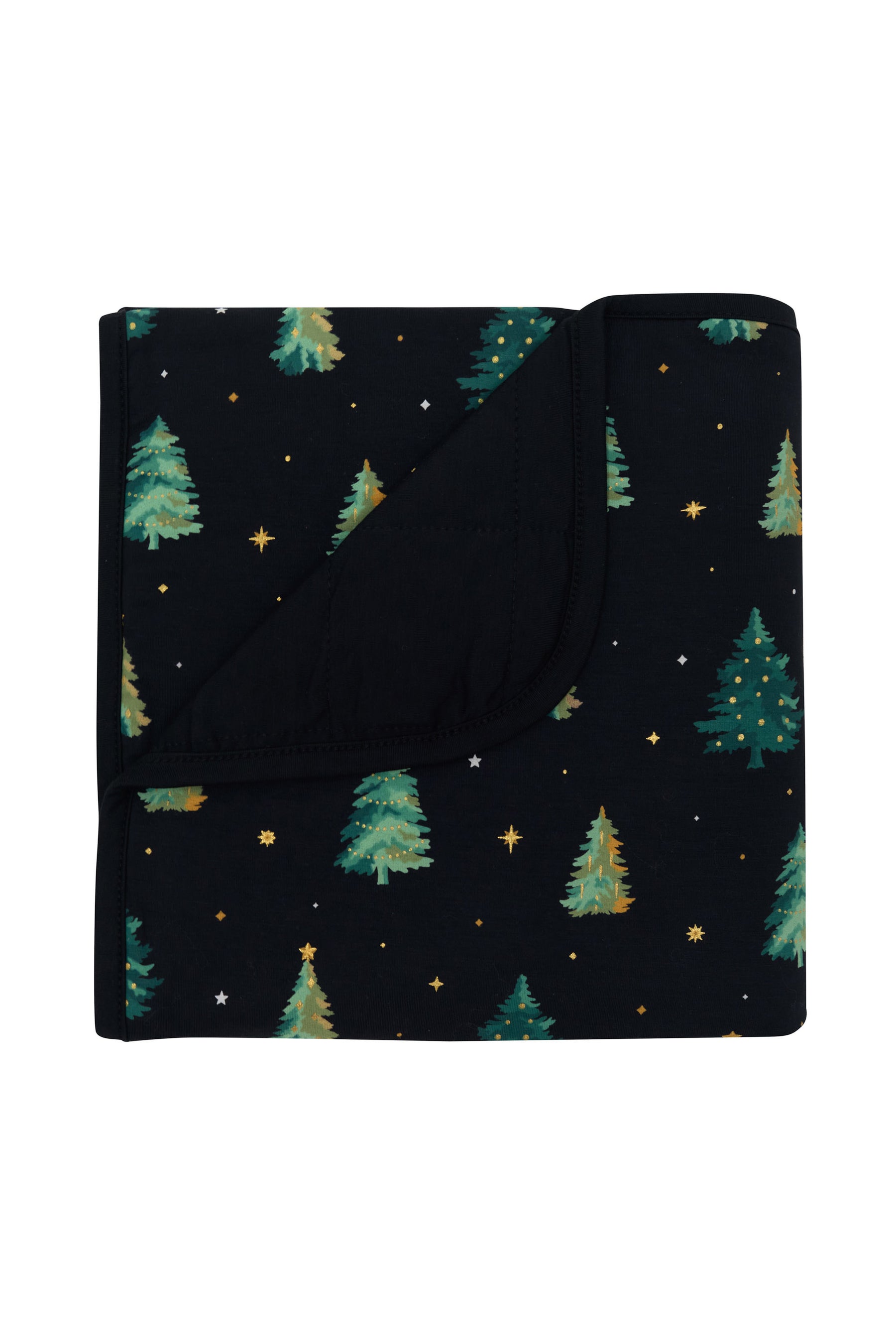 Baby Blanket in Twinkle Tree with the corner flipped down showing the black backing