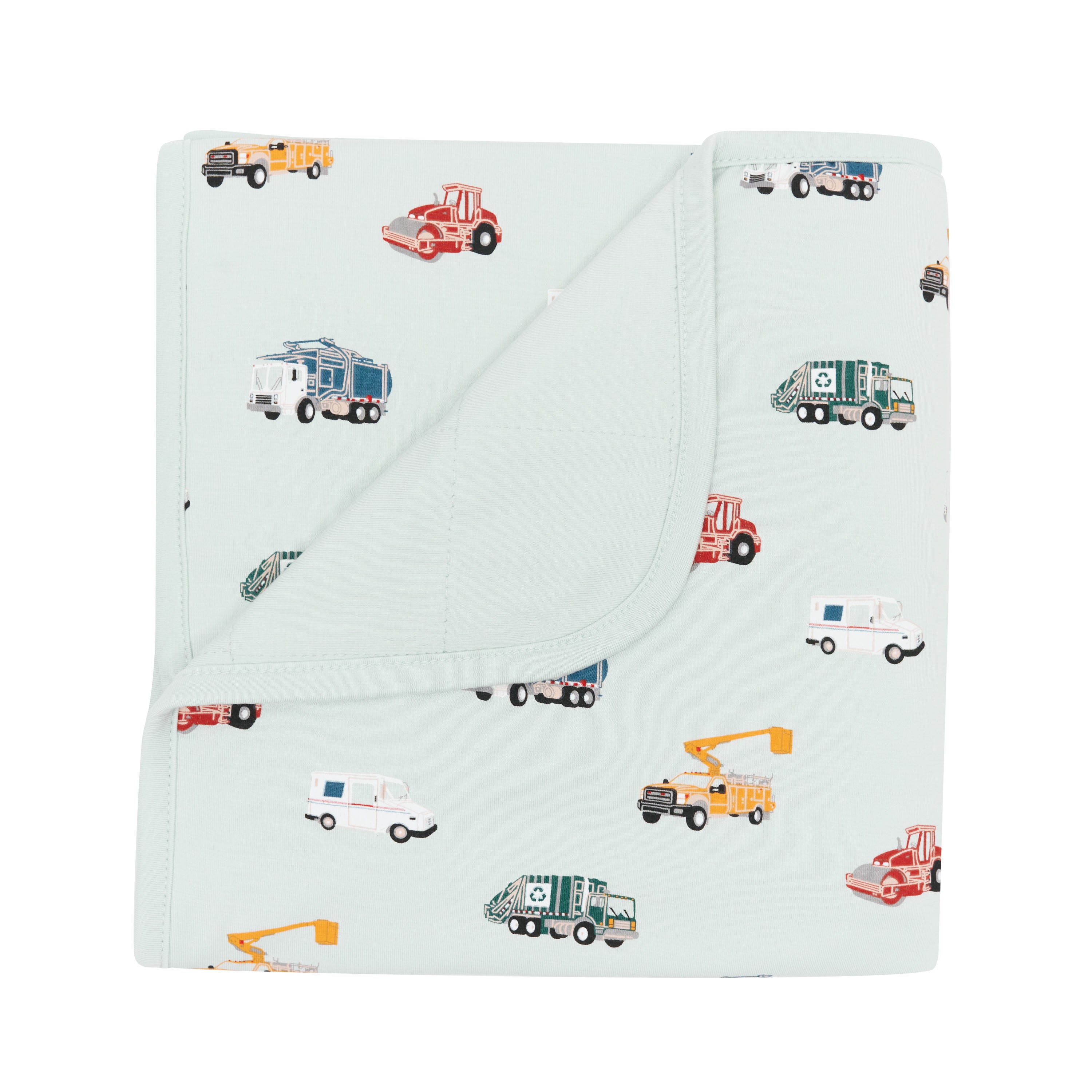The soft and breathable Baby Blanket in City Vehicles 1.0 with the corner folded down showing the Dew colored backing