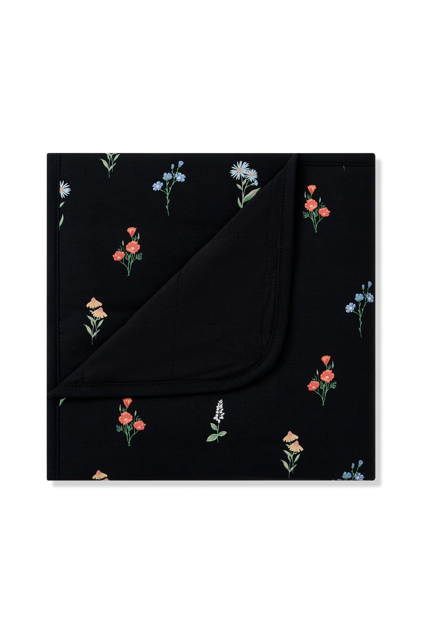 Black Baby Blanket with Wildflower 1.0 print on a white background